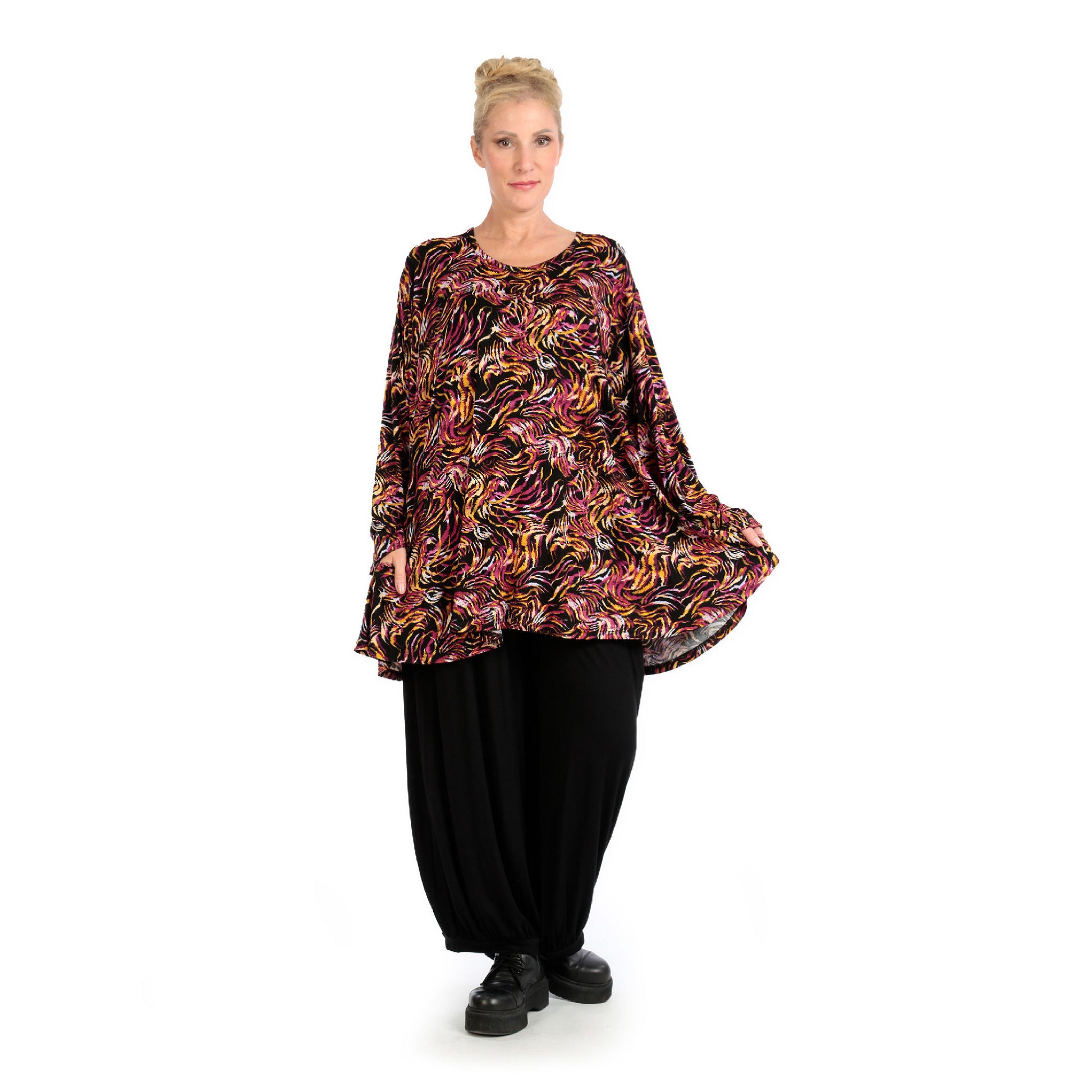  AKH Fashion Shirt in Glocken-Form, aus Viskose, 1130.01892, Schwarz-Fuchsia-Gelb