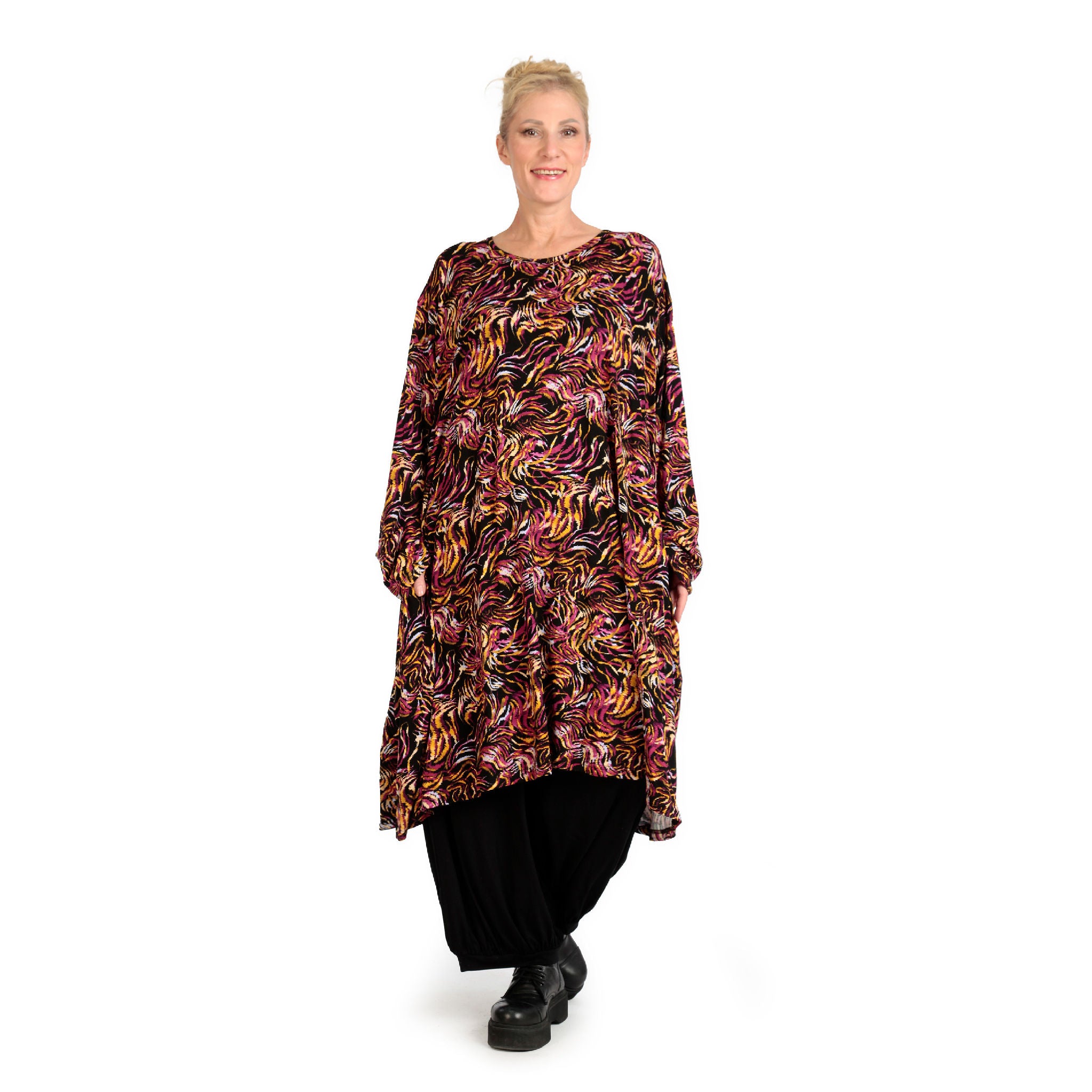  A-Form Kleid von AKH Fashion aus Viskose, 1130.06863, Schwarz-Fuchsia-Gelb, Pinselstrich