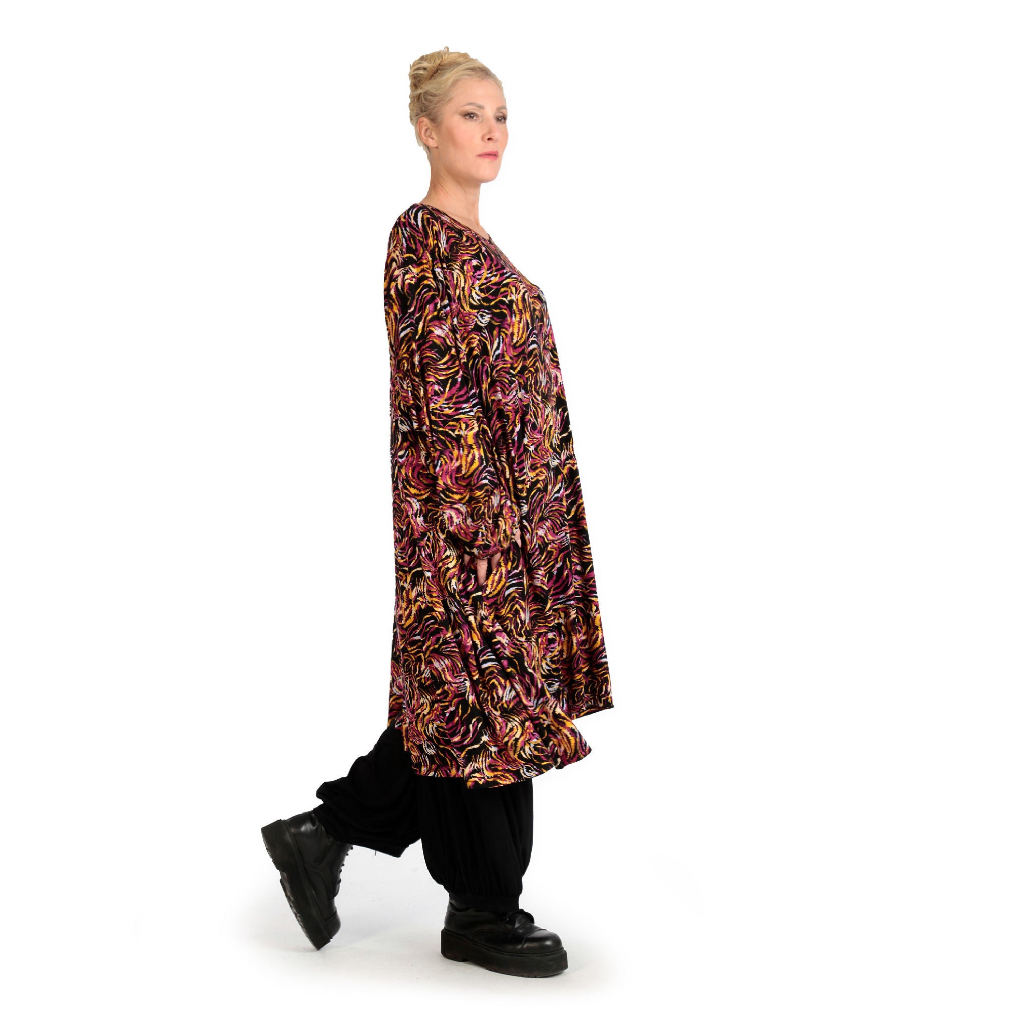  A-Form Kleid von AKH Fashion aus Viskose, 1130.06863, Schwarz-Fuchsia-Gelb, Pinselstrich