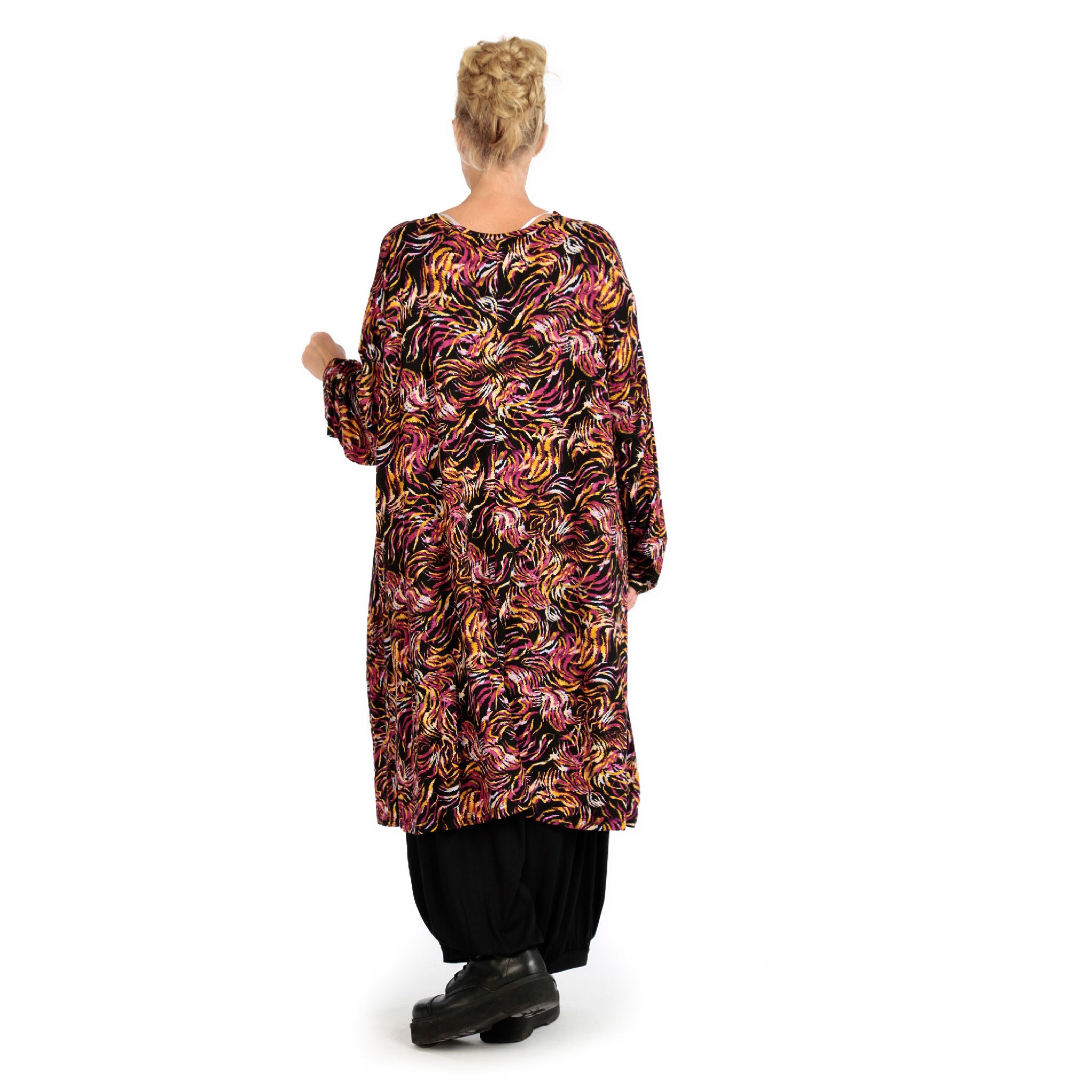  A-Form Kleid von AKH Fashion aus Viskose, 1130.06863, Schwarz-Fuchsia-Gelb, Pinselstrich
