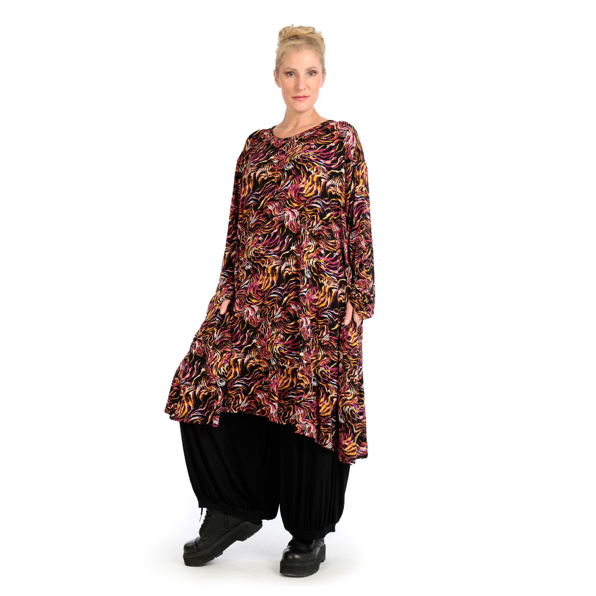 A-Form Kleid von AKH Fashion aus Viskose, 1130.06863, Schwarz-Fuchsia-Gelb, Pinselstrich