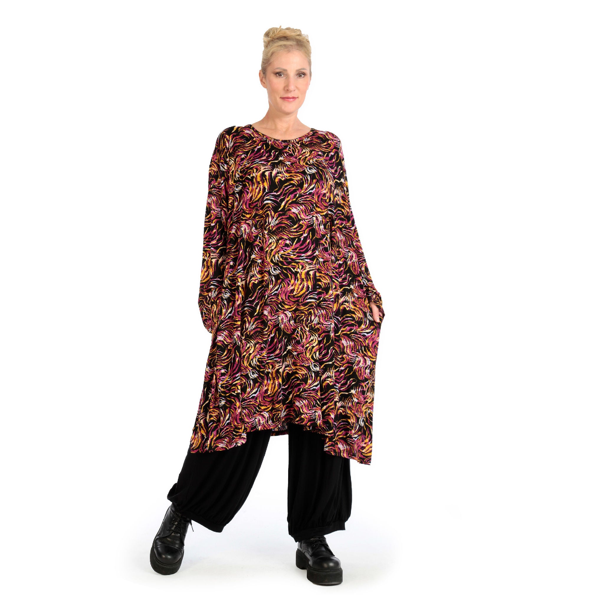  A-Form Kleid von AKH Fashion aus Viskose, 1130.06863, Schwarz-Fuchsia-Gelb, Pinselstrich