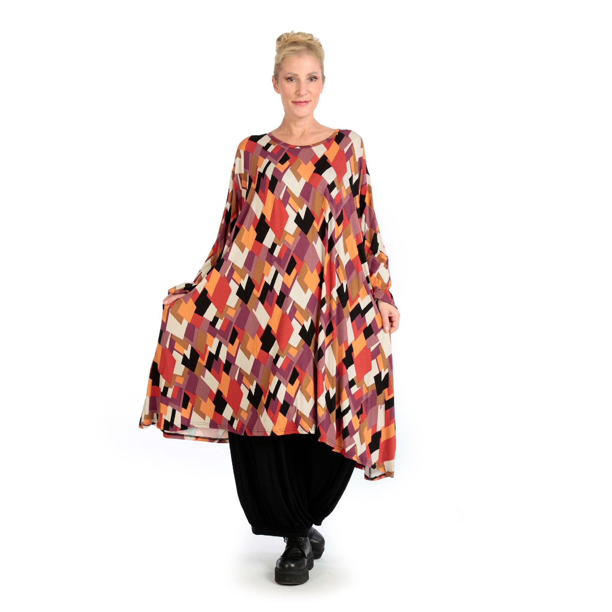 A-Form Kleid von AKH Fashion aus Viskose, 1131.06863, Schwarz-Flieder-Orange, Raute