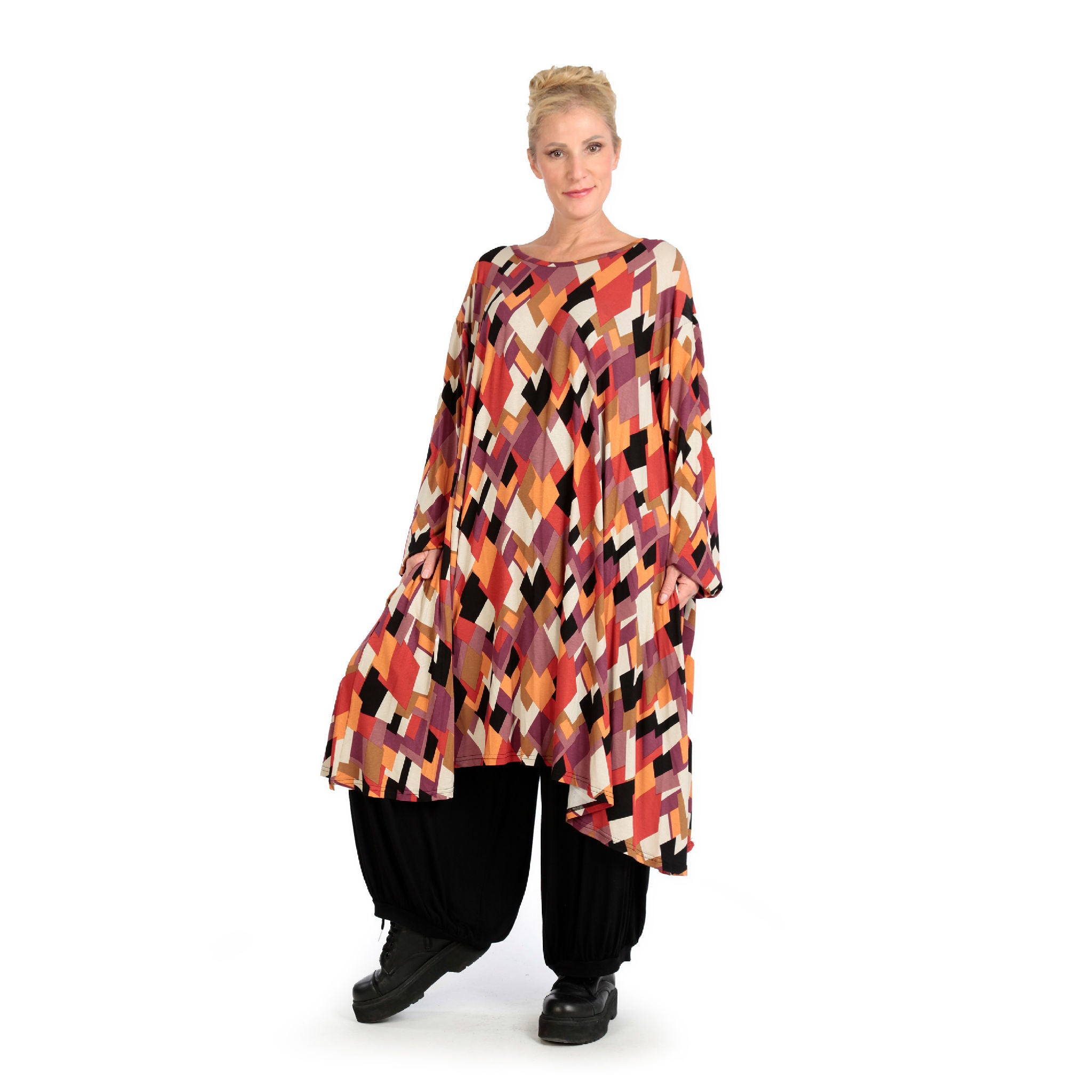  A-Form Kleid von AKH Fashion aus Viskose, 1131.06863, Schwarz-Flieder-Orange, Raute