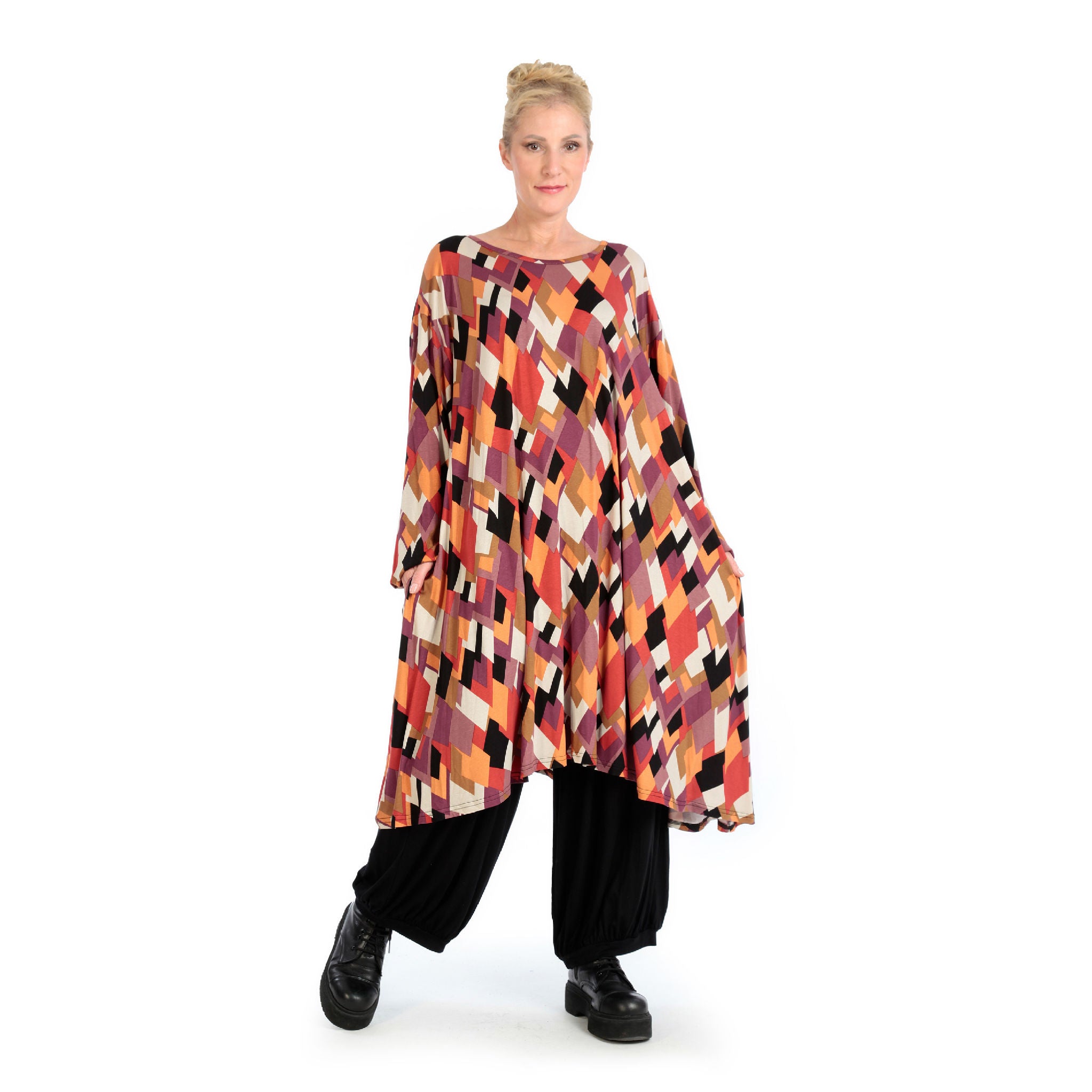  A-Form Kleid von AKH Fashion aus Viskose, 1131.06863, Schwarz-Flieder-Orange, Raute