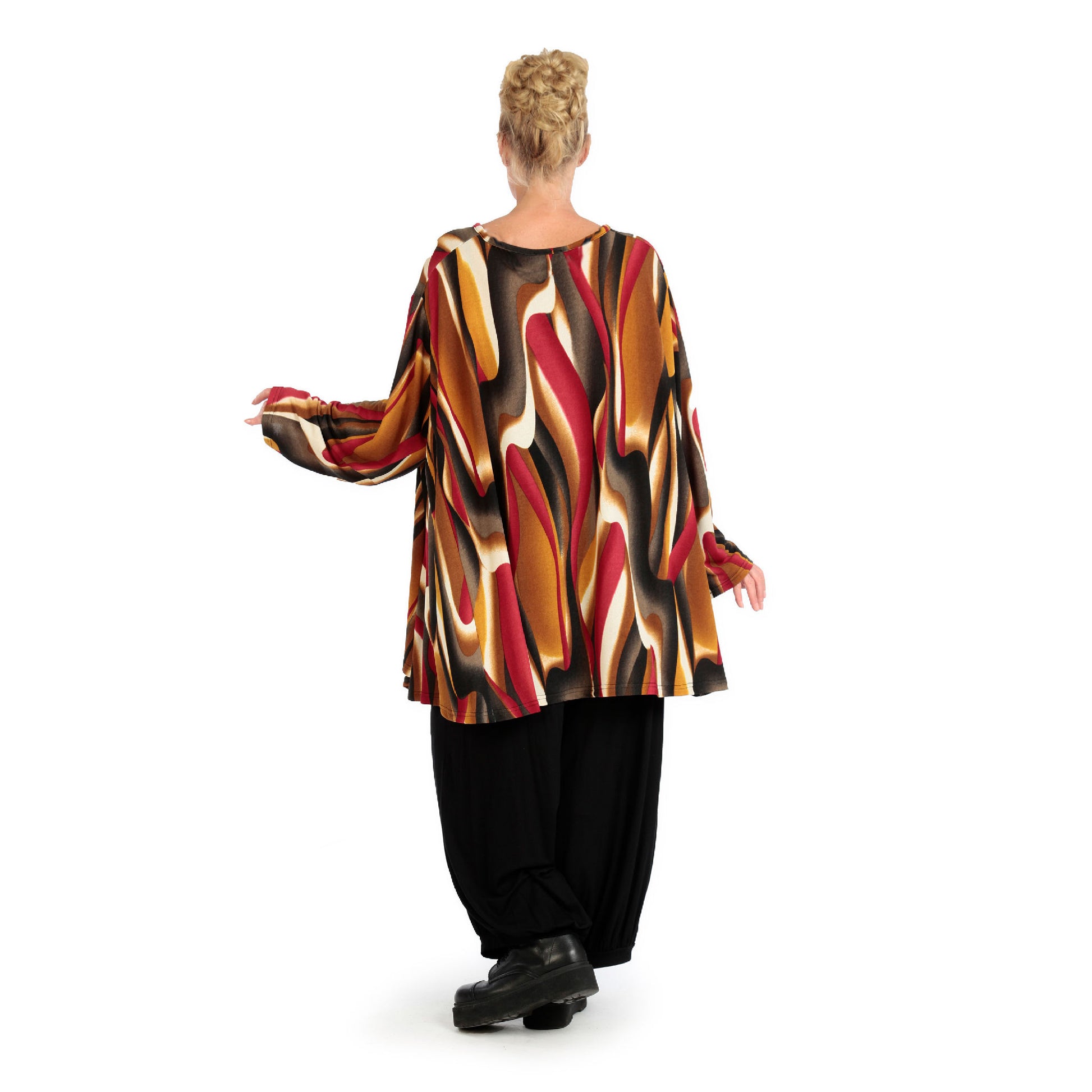  A-Form Bigshirt von AKH Fashion aus Viskose, 1144.00593, Cognac-Rot-Weiß, Wellen, Ausgefallen