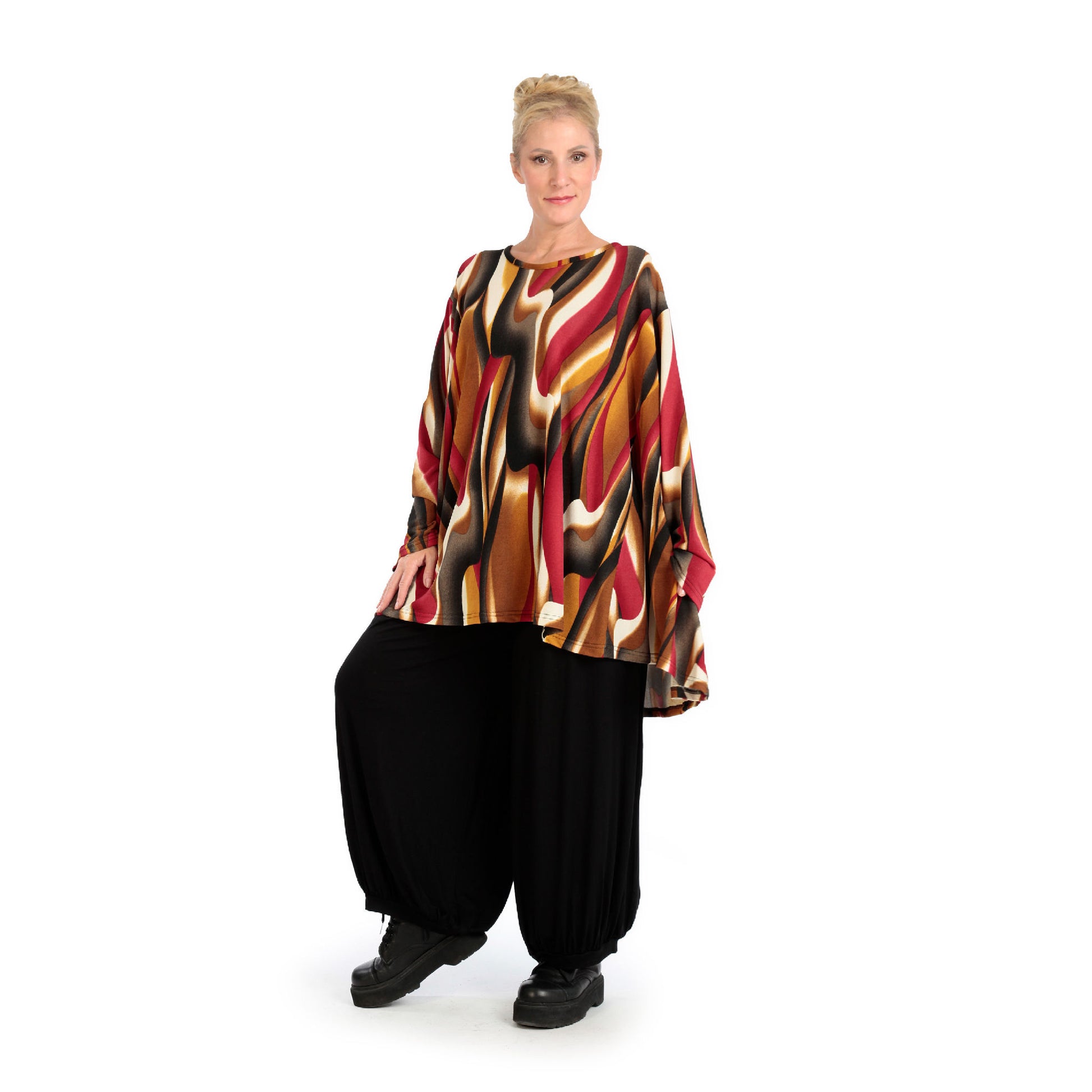  A-Form Bigshirt von AKH Fashion aus Viskose, 1144.00593, Cognac-Rot-Weiß, Wellen, Ausgefallen