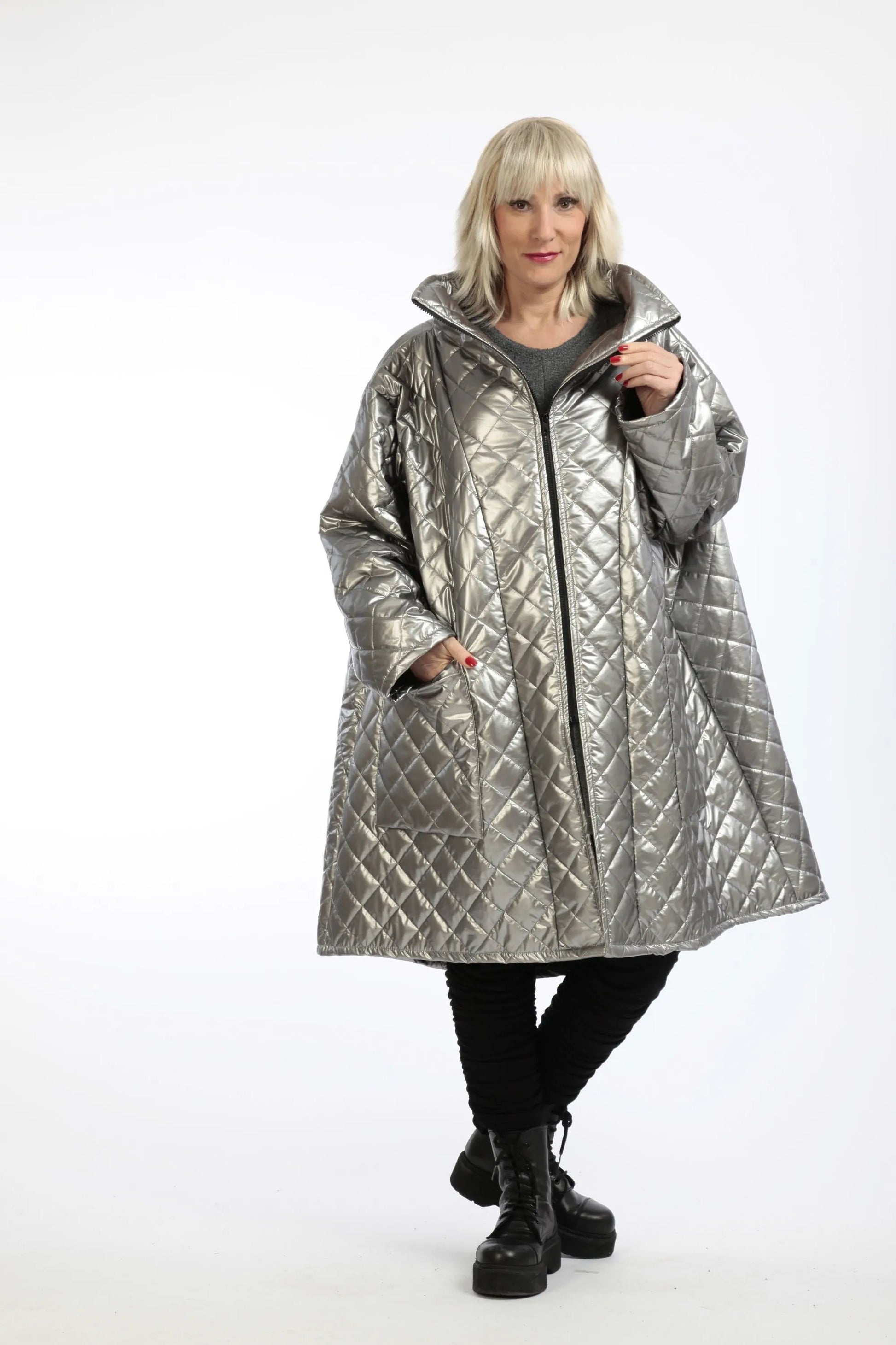  Stylische A-Form Jacke in silbernem Rautenmuster, bequem und schick für den Plus Size Look