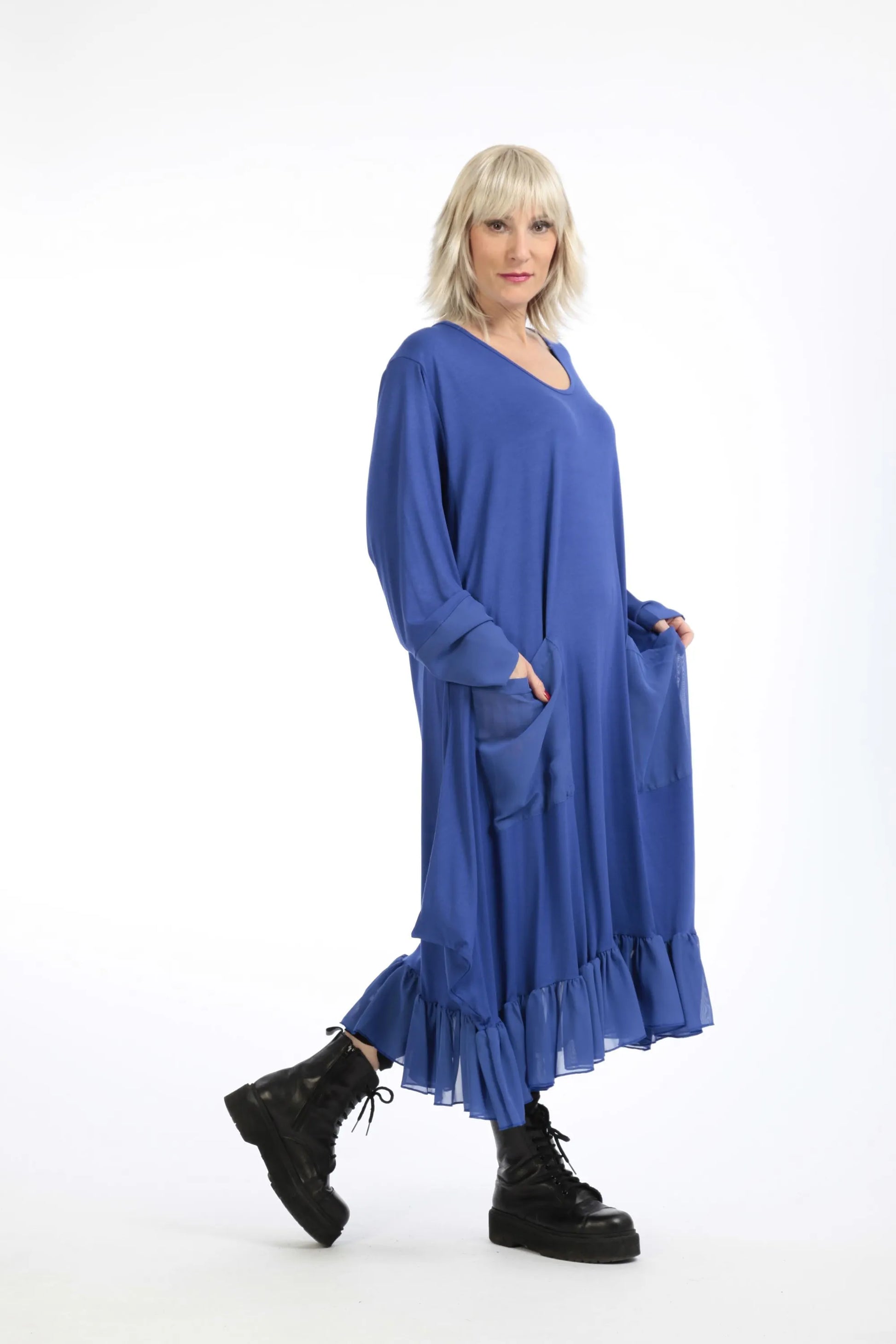  A-Form Kleid in sanftem Blau mit Chiffon-Detail für lässigen Lagenlook in Plus Size