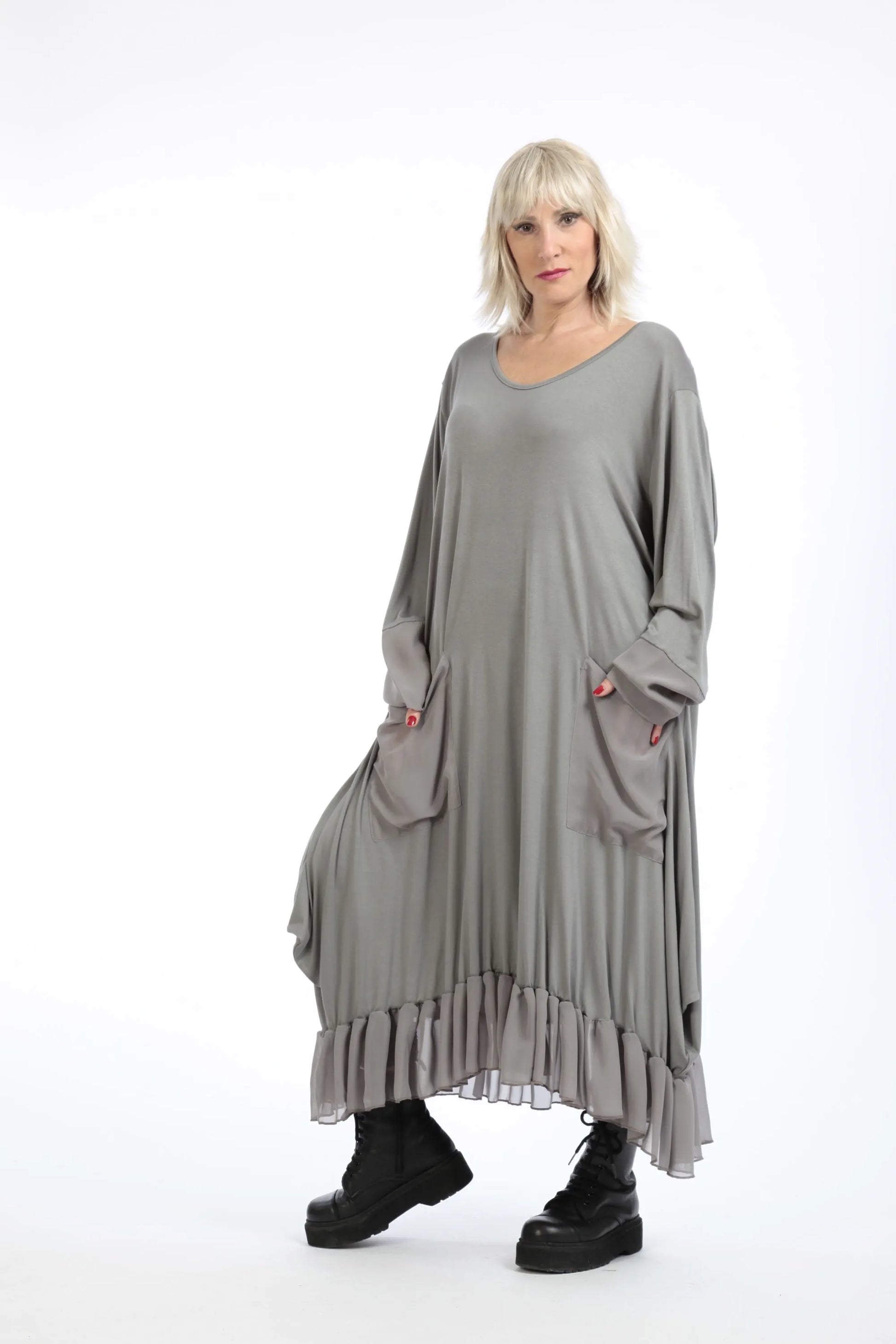  Elegantes A-Form Kleid mit Chiffon-Besätzen, langen Ärmeln und praktischen Taschen in Oversize für Plus Size