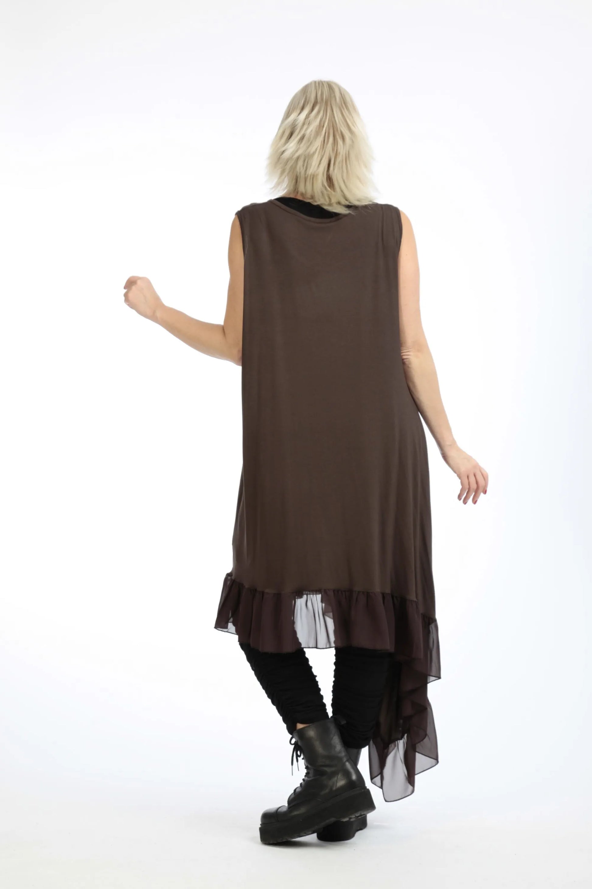  Asymmetrische Tunika in Braun aus weichem Jersey mit Chiffon-Besätzen und seitlichem Schlitz für Plus Size