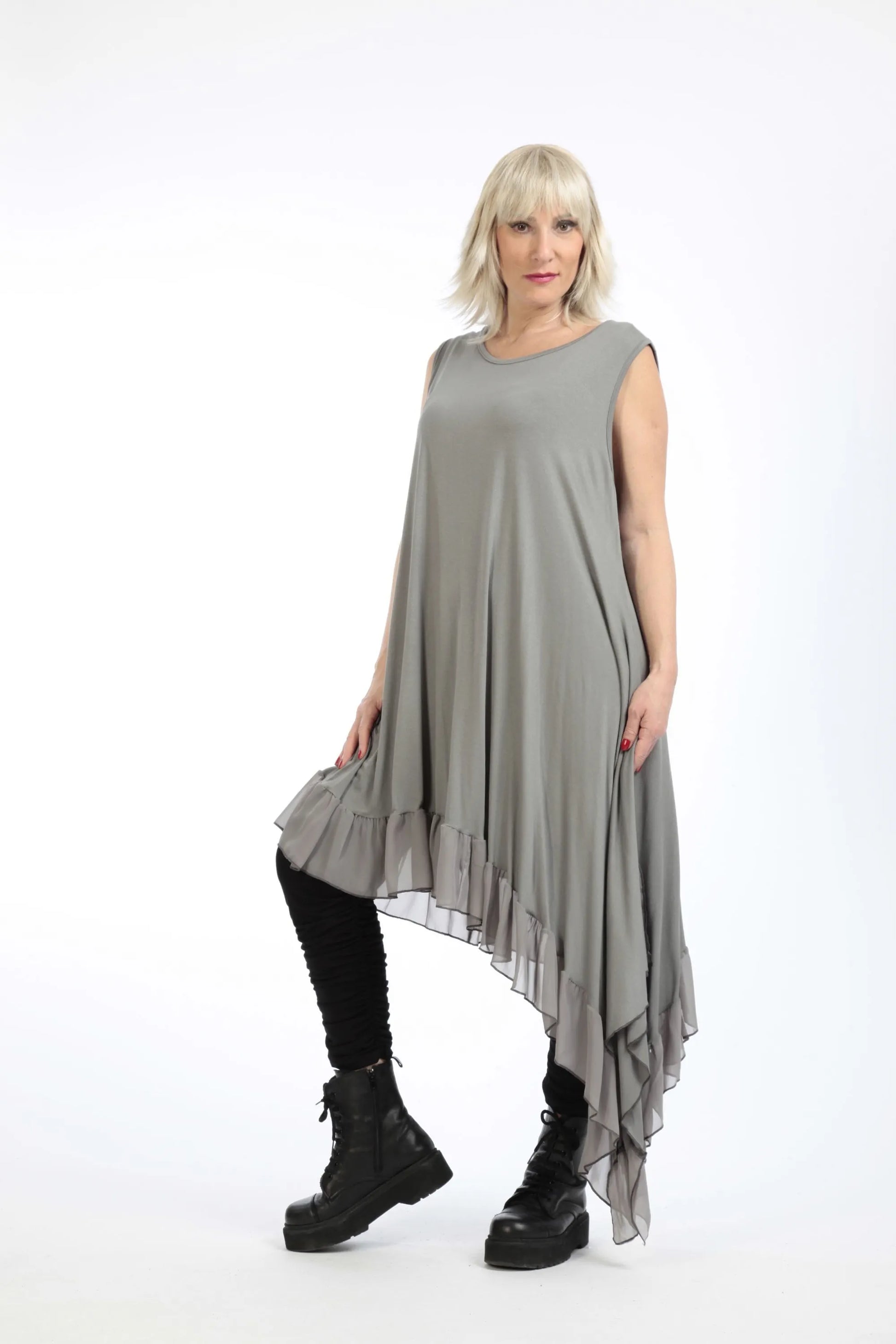  Asymmetrische Tunika aus weichem Jersey mit edlem Chiffon-Besatz und seitlichem Schlitz Plus Size