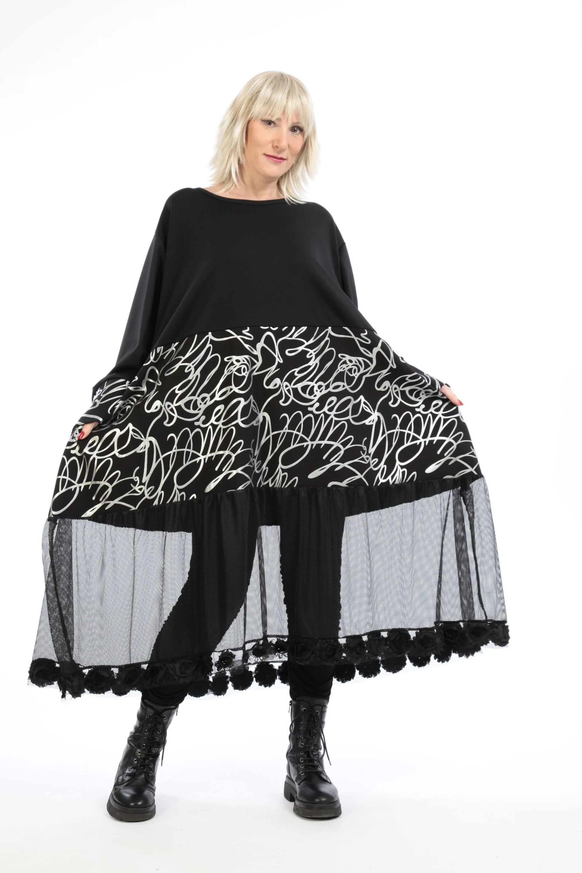  Ballonkleid von AKH Fashion aus Viskose, 1212.06712, Schwarz-Silber, Pinselstrich, Schick