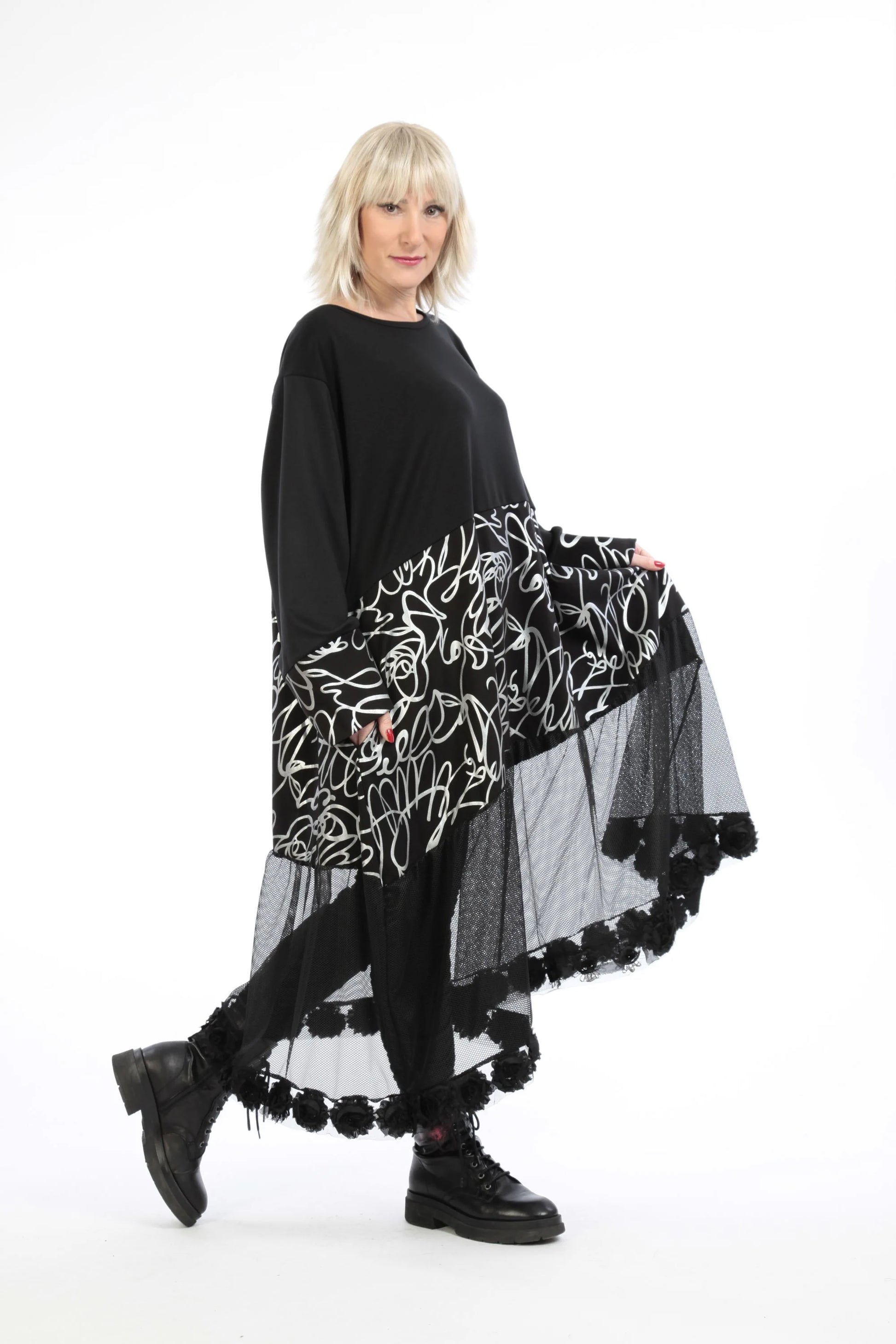  Ballonkleid von AKH Fashion aus Viskose, 1212.06712, Schwarz-Silber, Pinselstrich, Schick