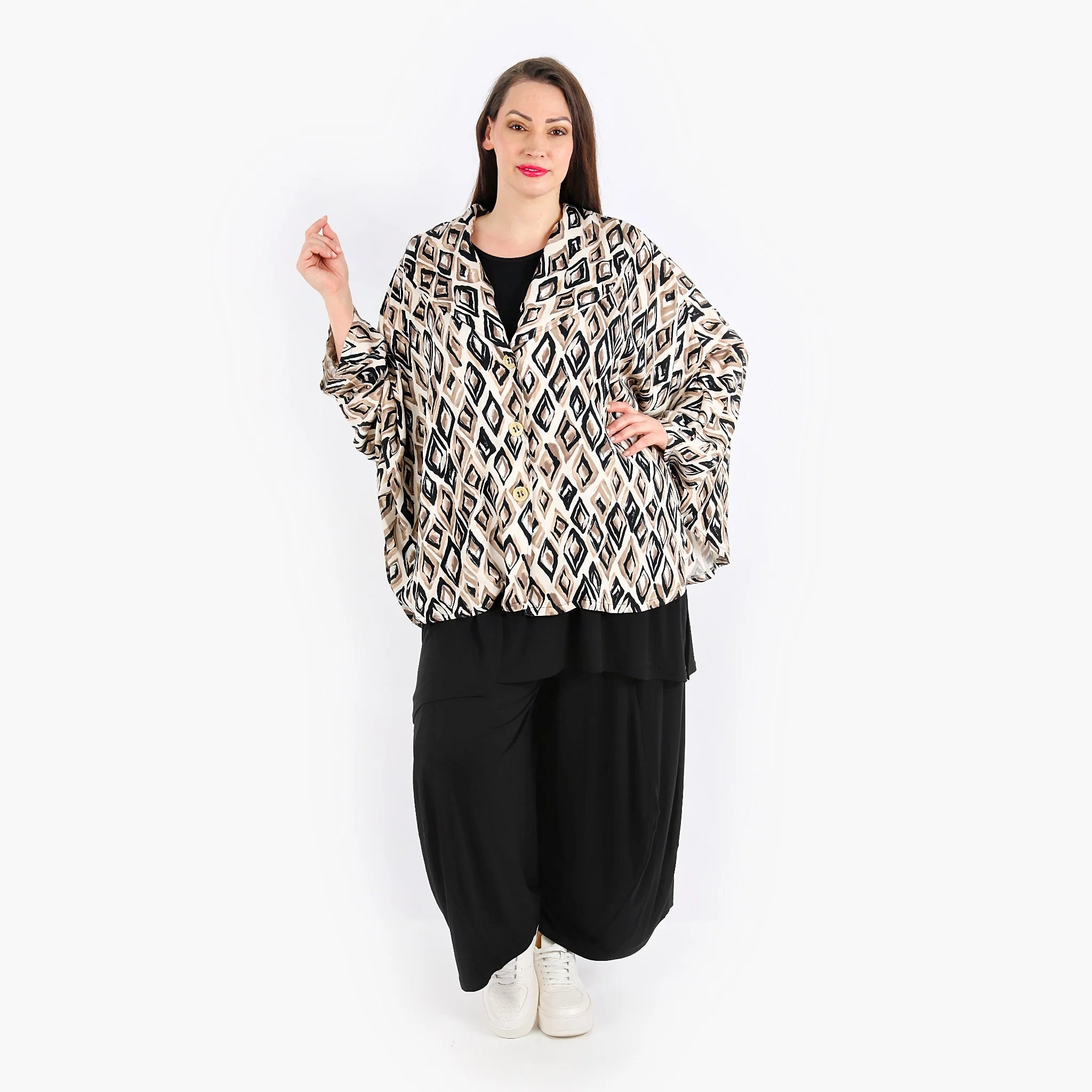  AKH Fashion Jacke in gerundeter Form, aus Viskose, 1309.00140, Beige-Schwarz-Cognac