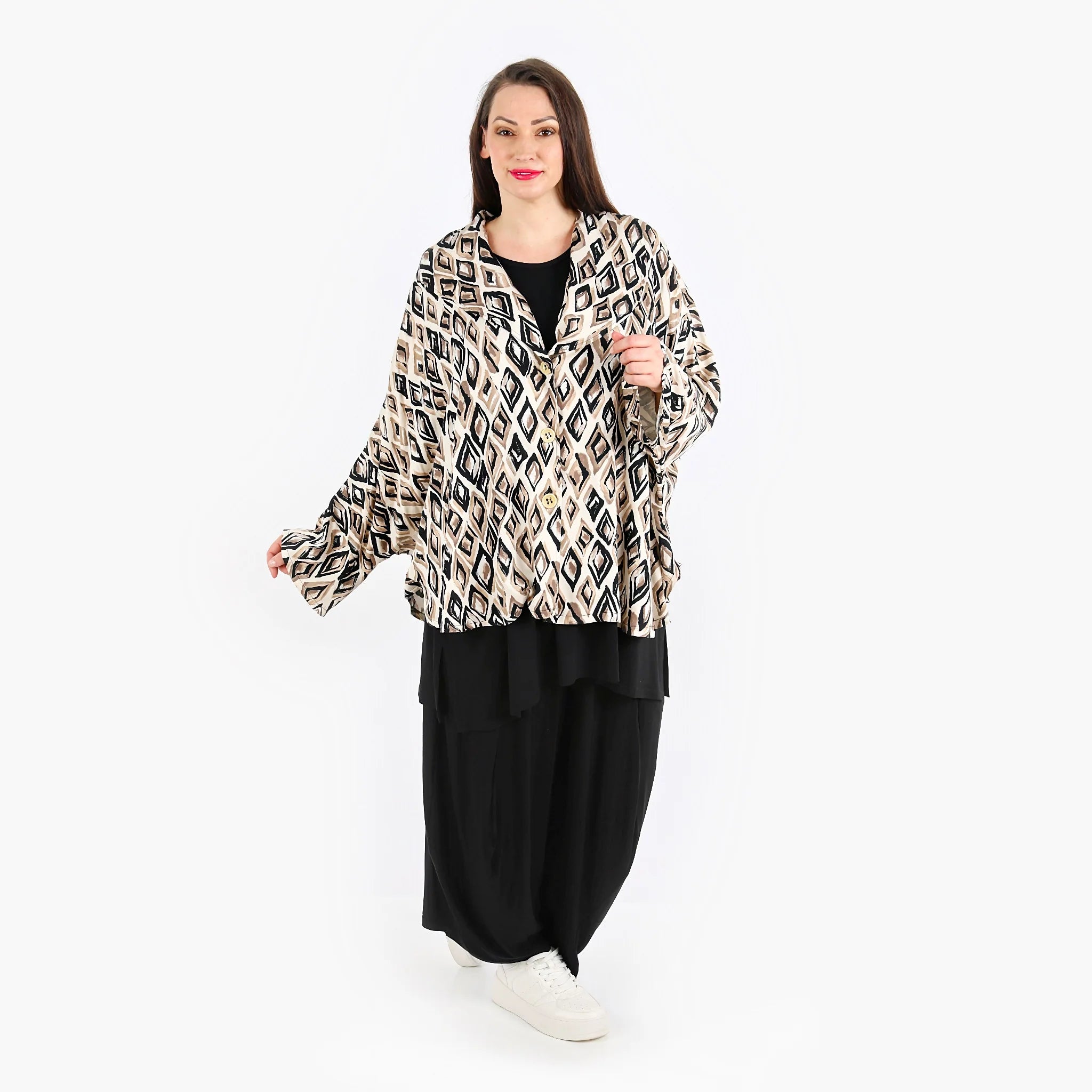  AKH Fashion Jacke in gerundeter Form, aus Viskose, 1309.00140, Beige-Schwarz-Cognac