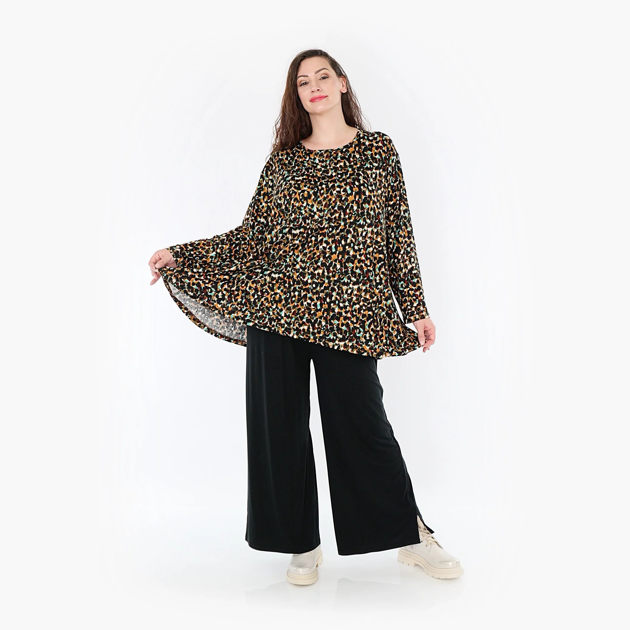  AKH Fashion Shirt in Glocken-Form, aus Viskose, 1370.01892, Schwarz-Braun-Grün, Animal