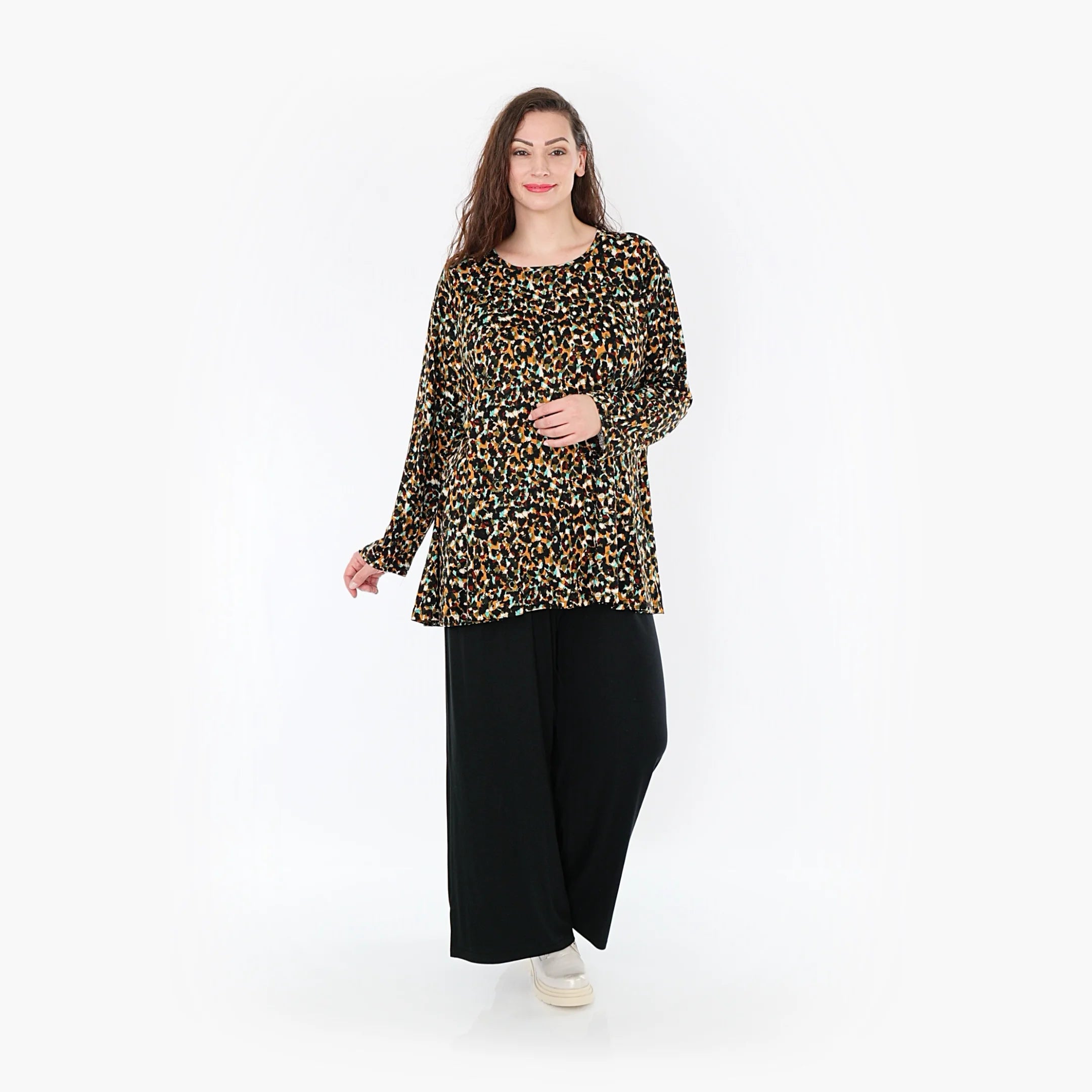  AKH Fashion Shirt in Glocken-Form, aus Viskose, 1370.01892, Schwarz-Braun-Grün, Animal