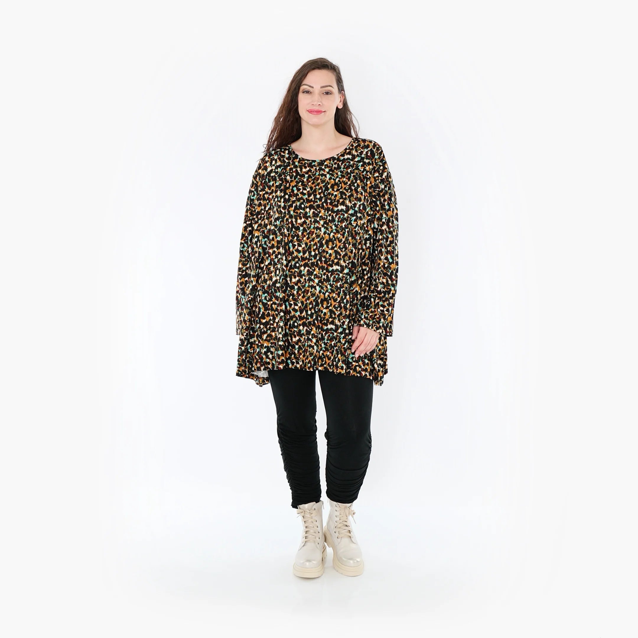  A-Form Bigshirt von AKH Fashion aus Viskose, 1370.00593, Schwarz-Braun-Grün, Animal, Schick