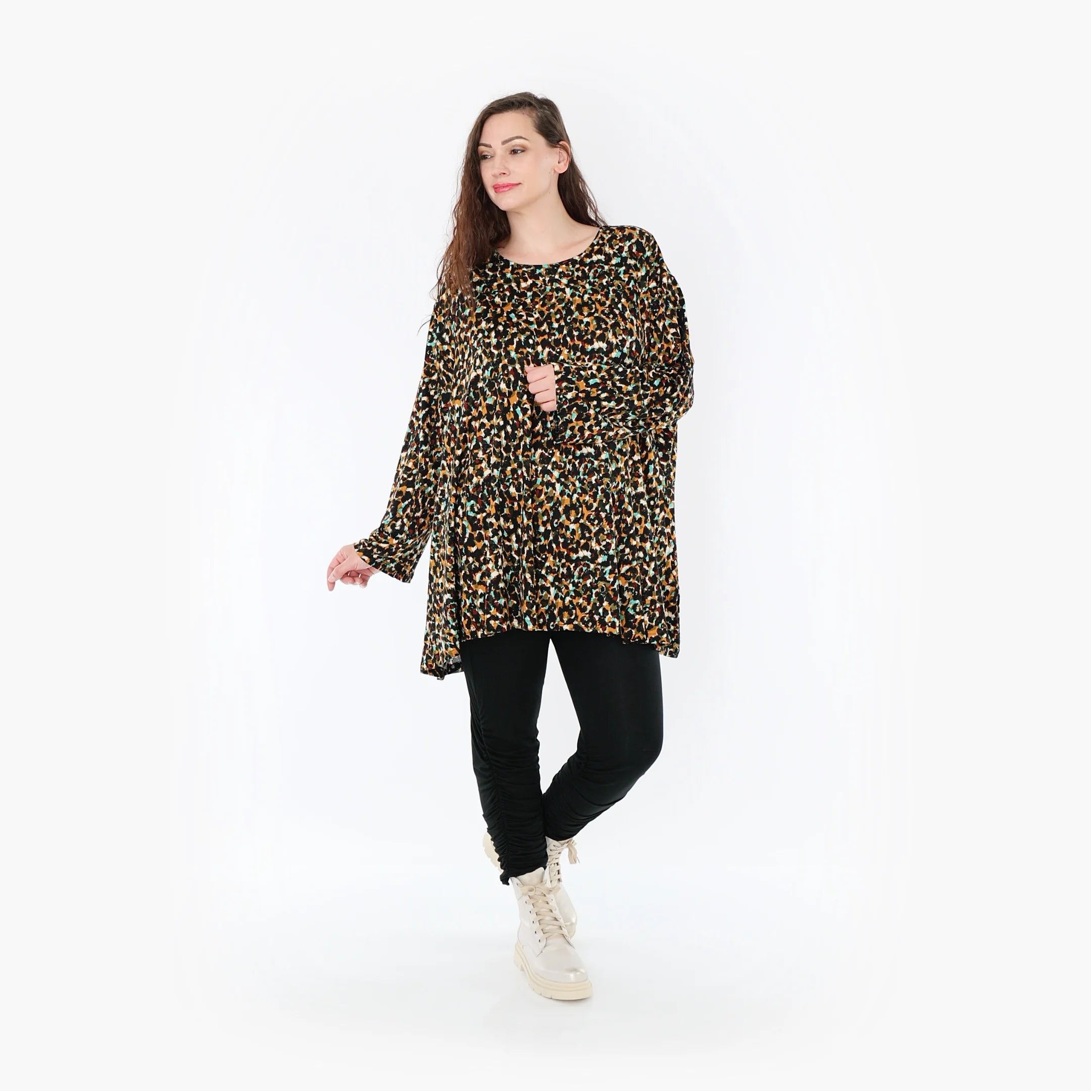  A-Form Bigshirt von AKH Fashion aus Viskose, 1370.00593, Schwarz-Braun-Grün, Animal, Schick