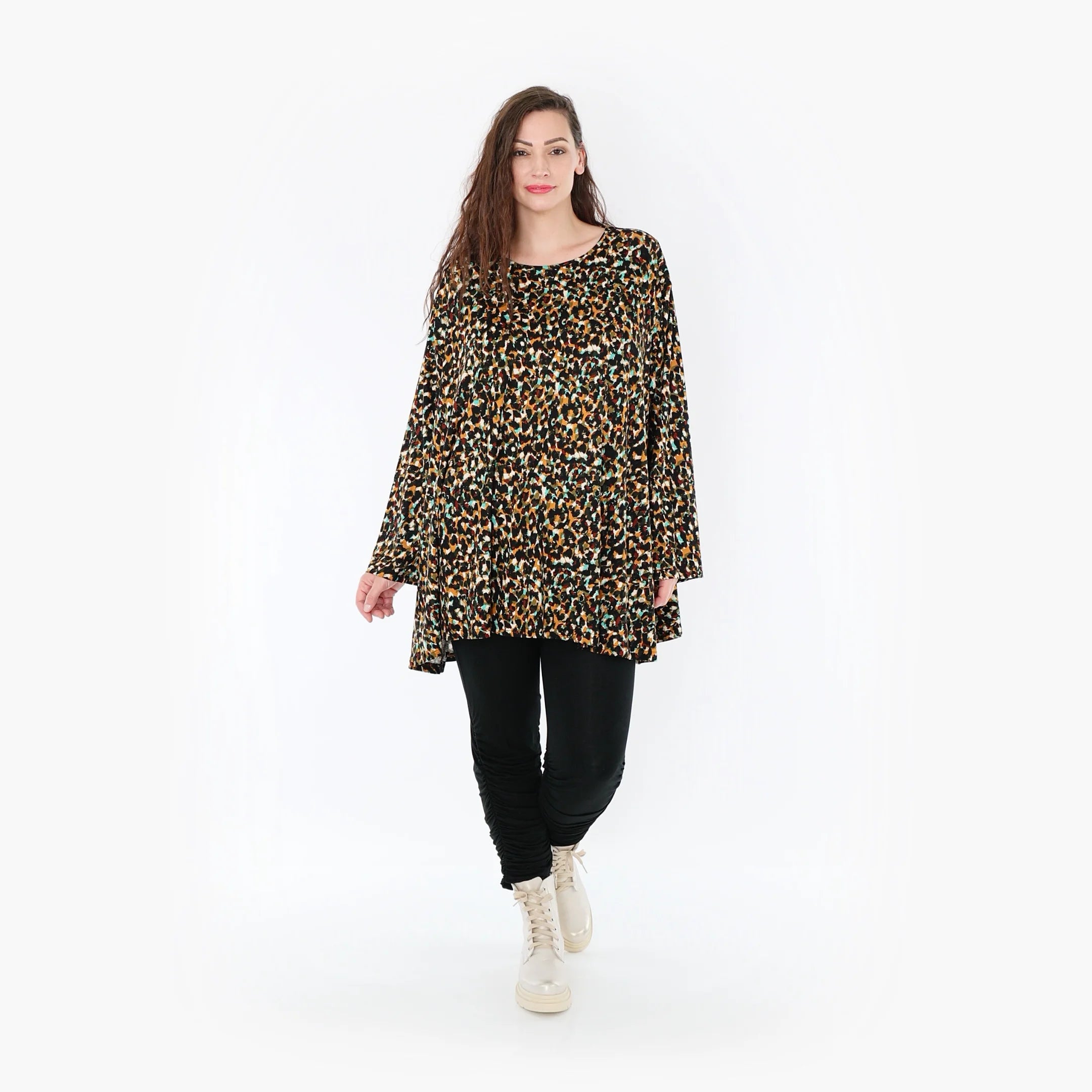  A-Form Bigshirt von AKH Fashion aus Viskose, 1370.00593, Schwarz-Braun-Grün, Animal, Schick