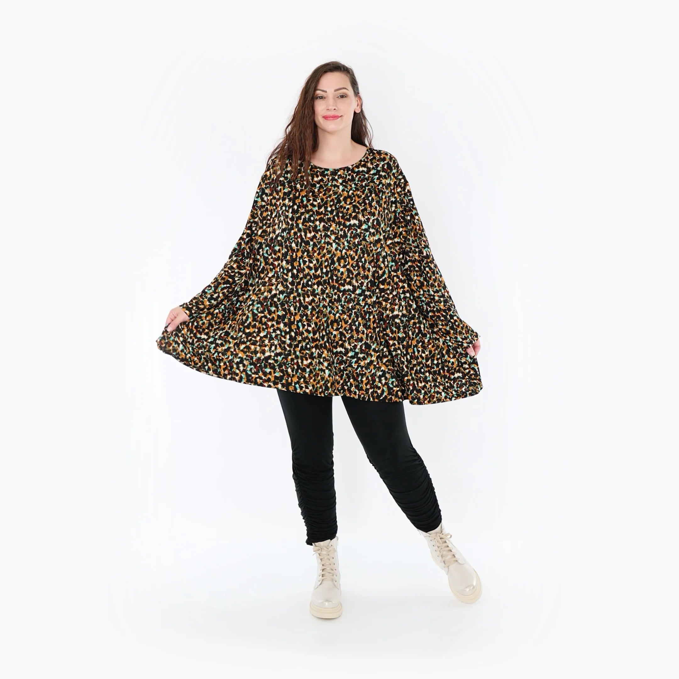  A-Form Bigshirt von AKH Fashion aus Viskose, 1370.00593, Schwarz-Braun-Grün, Animal, Schick