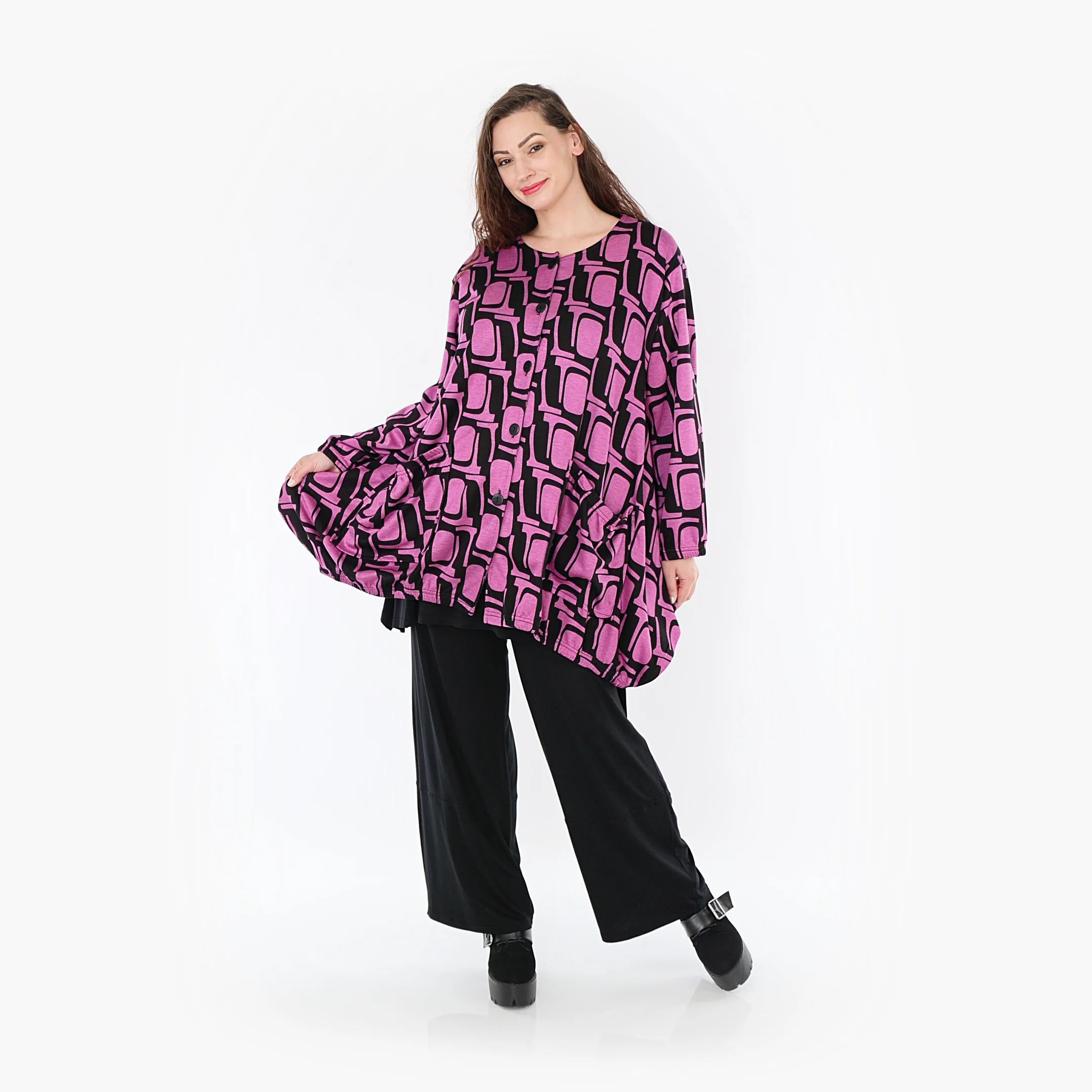  A-Form Jacke von AKH Fashion aus Viskose, 1374.06270, Schwarz-Fuchsia, Grafik, Schick