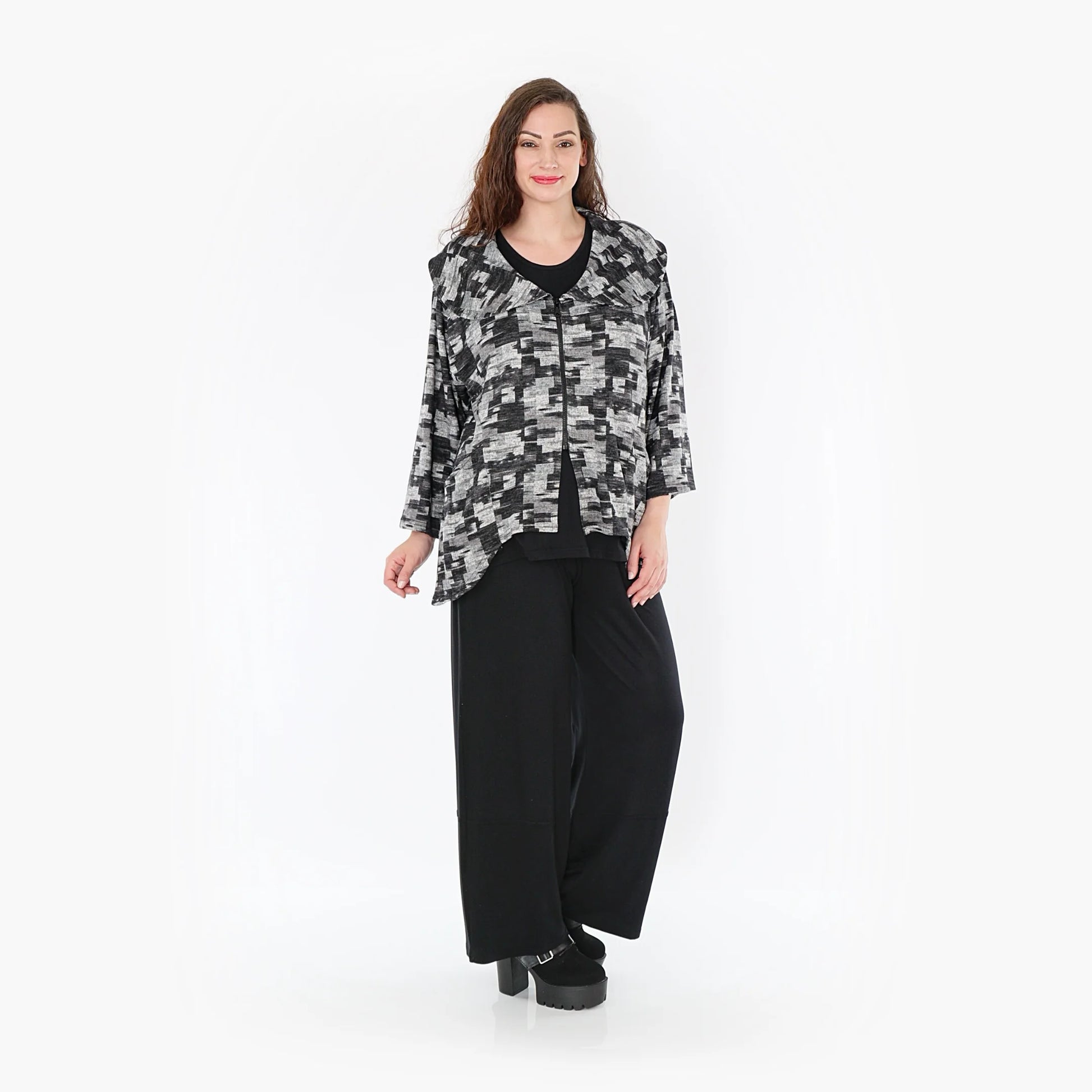  Stylishe A-Form Jacke in Dunkelgrau mit kariertem Muster und kuscheligem Feinstrick für Plus Size