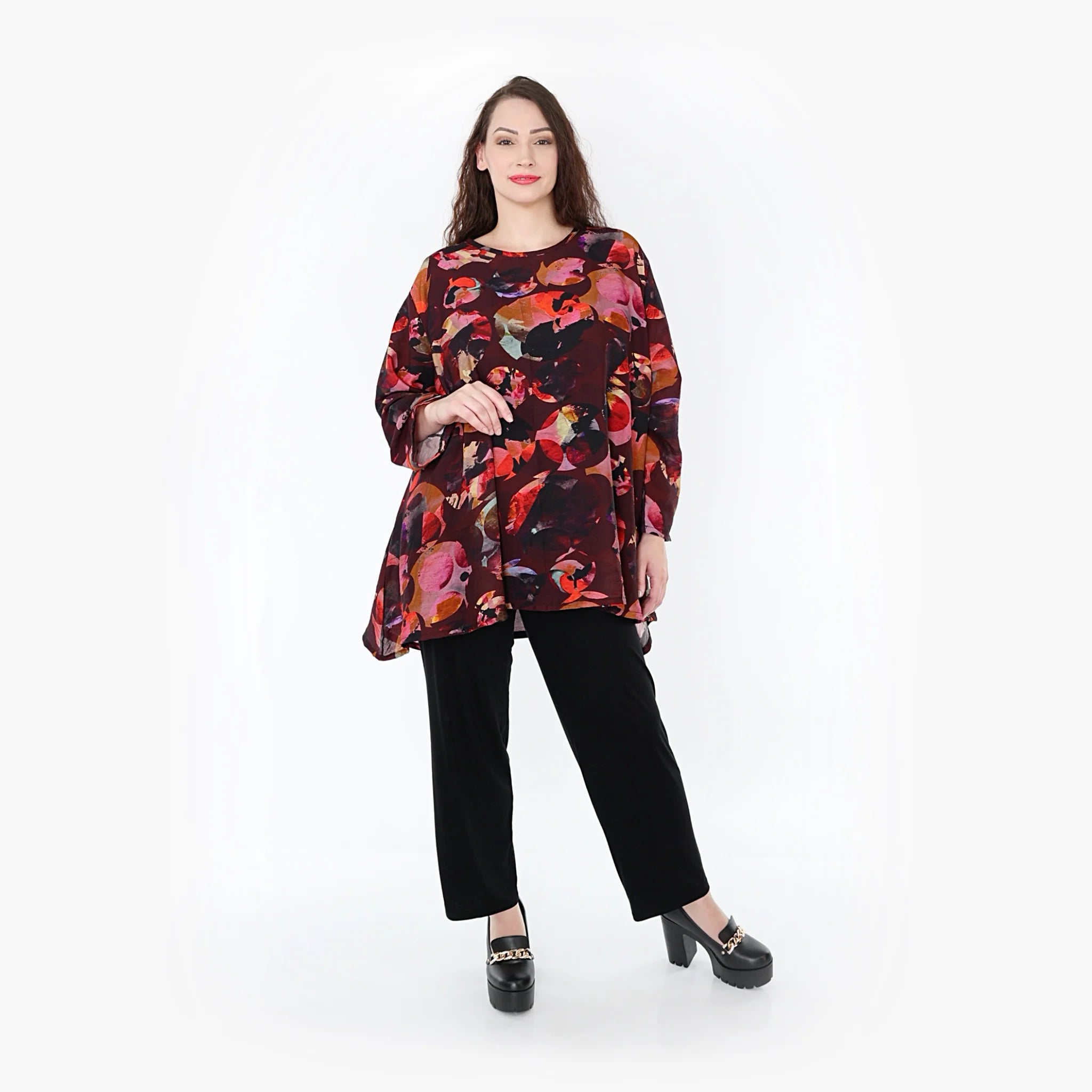  A-Form Oversize-Shirt aus leichtem Viskose-Chiffon in Weinrot-Mehrfarbig für Plus Size