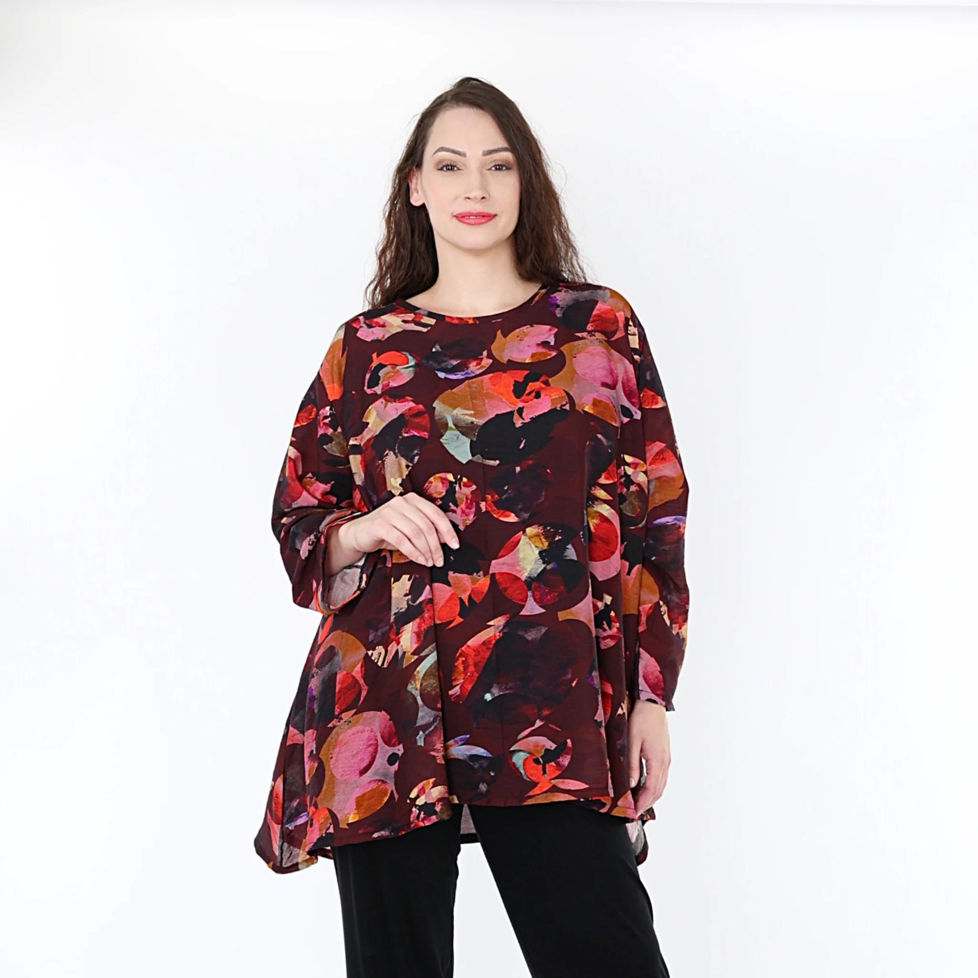  A-Form Oversize-Shirt aus leichtem Viskose-Chiffon in Weinrot-Mehrfarbig für Plus Size