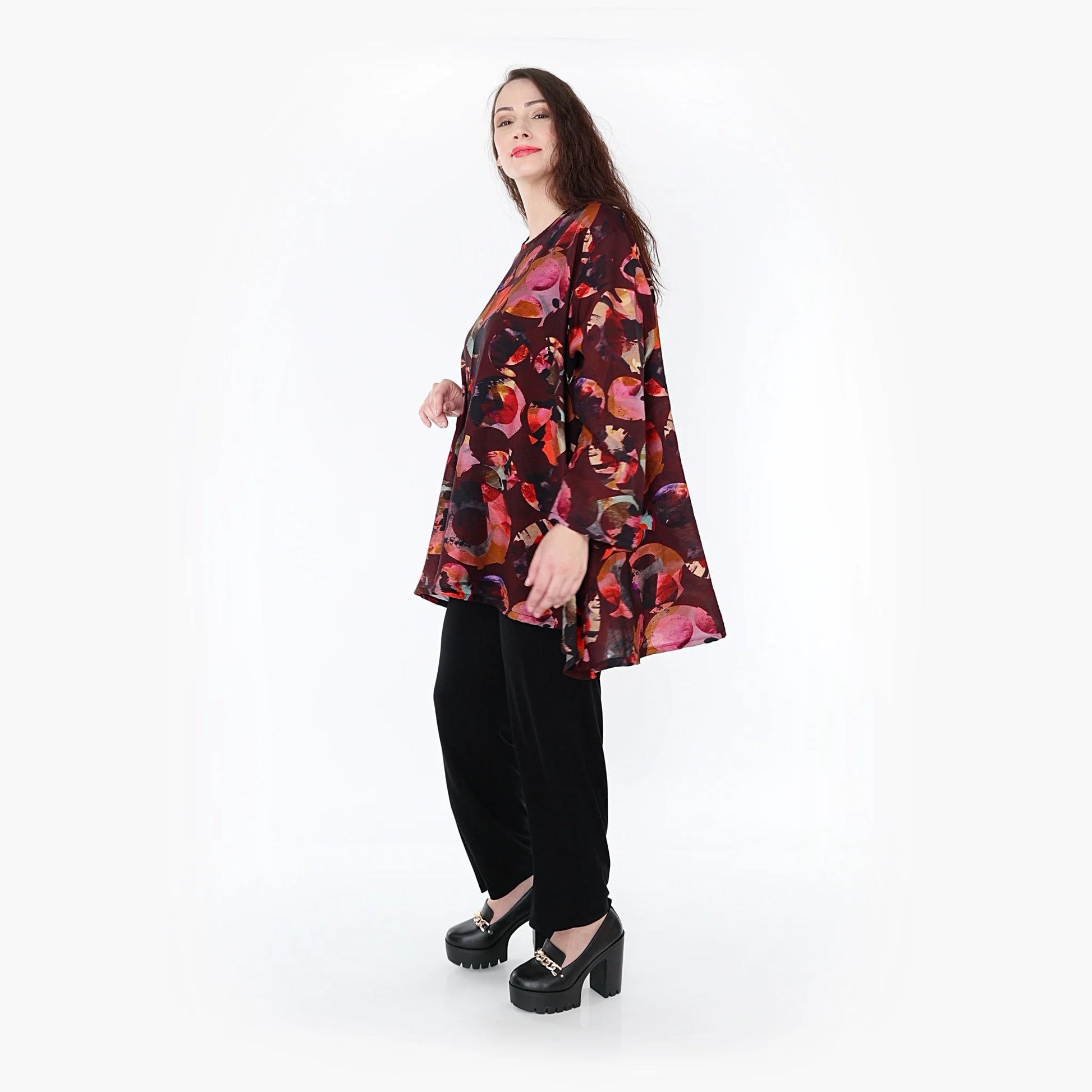  A-Form Oversize-Shirt aus leichtem Viskose-Chiffon in Weinrot-Mehrfarbig für Plus Size