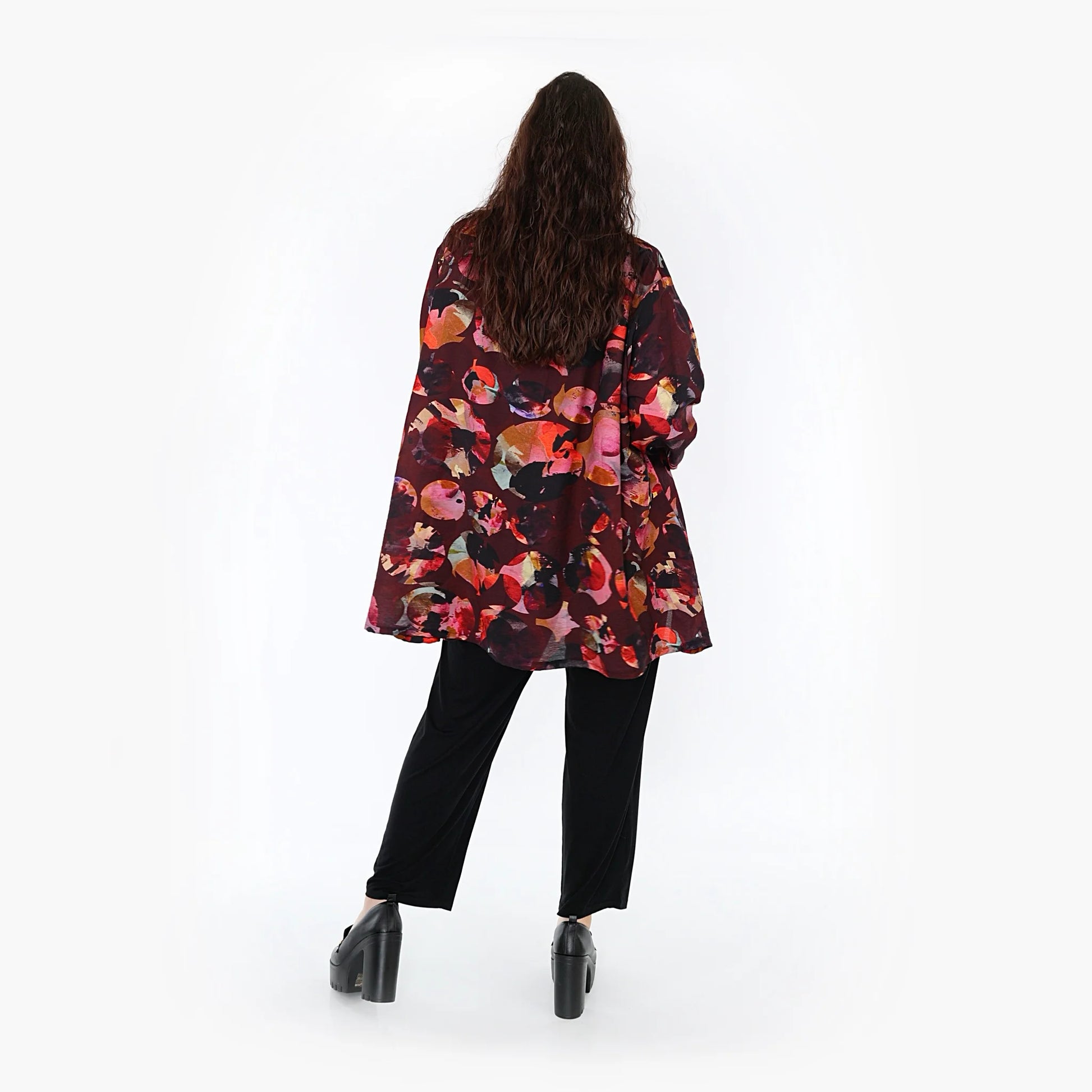  A-Form Oversize-Shirt aus leichtem Viskose-Chiffon in Weinrot-Mehrfarbig für Plus Size