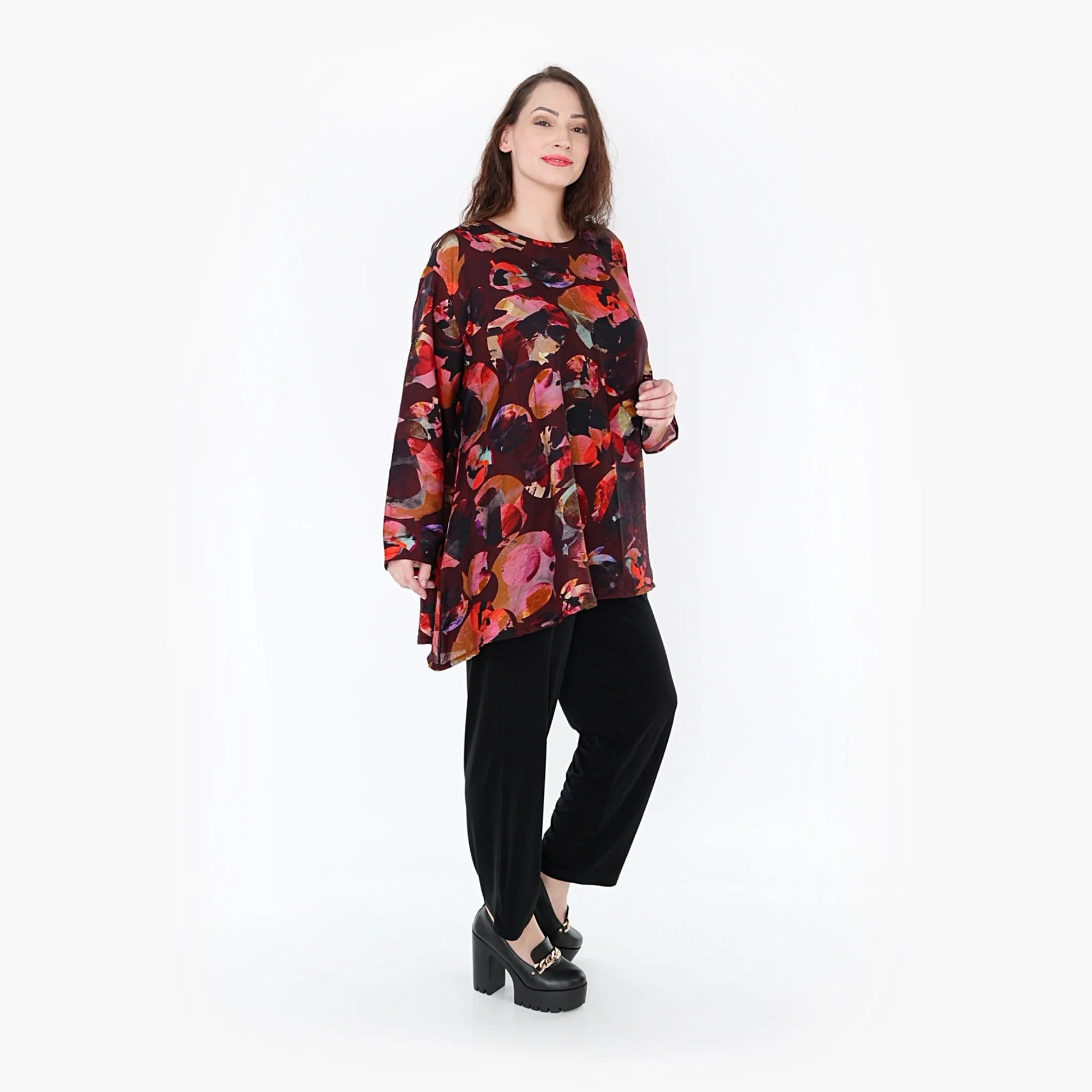  A-Form Oversize-Shirt aus leichtem Viskose-Chiffon in Weinrot-Mehrfarbig für Plus Size