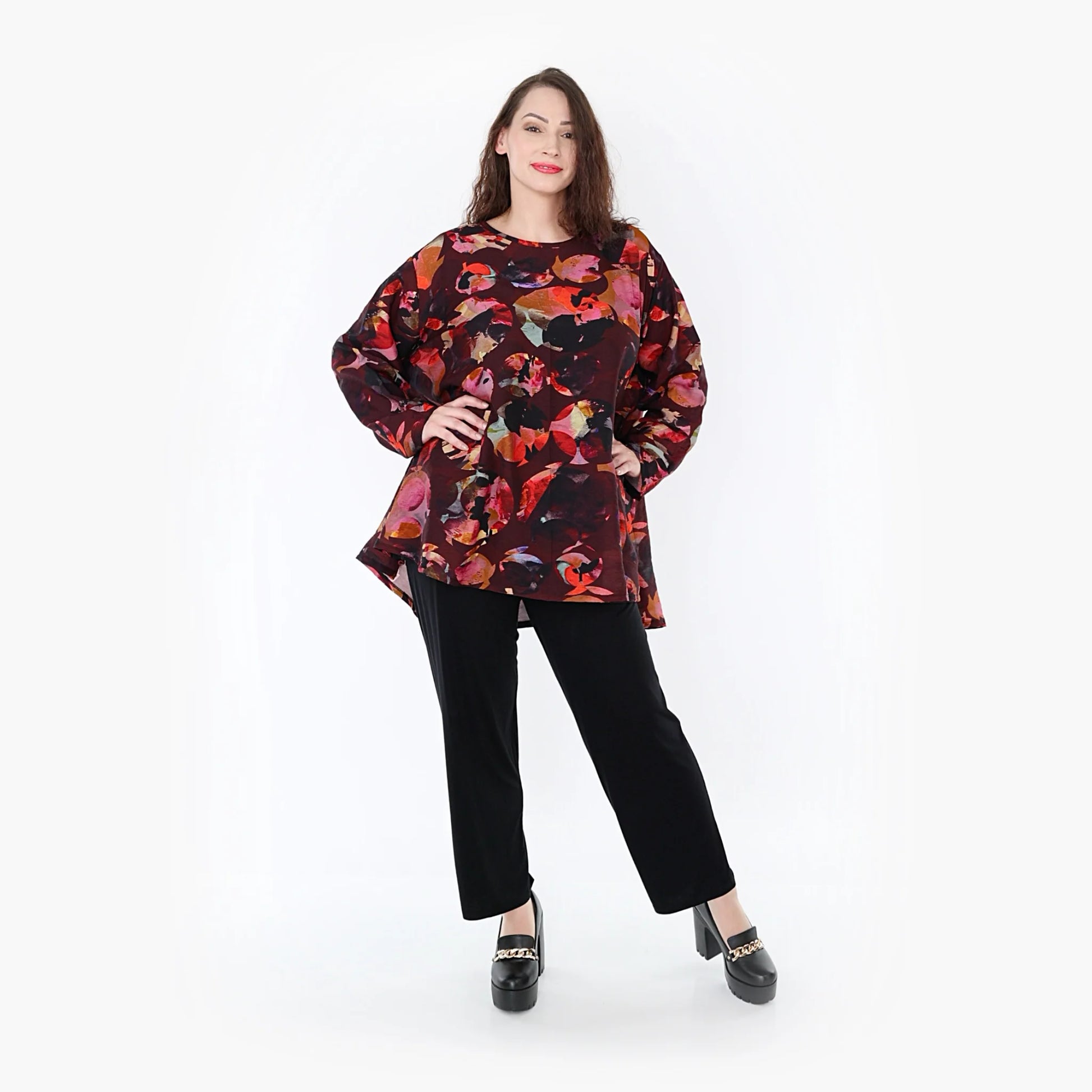  A-Form Oversize-Shirt aus leichtem Viskose-Chiffon in Weinrot-Mehrfarbig für Plus Size