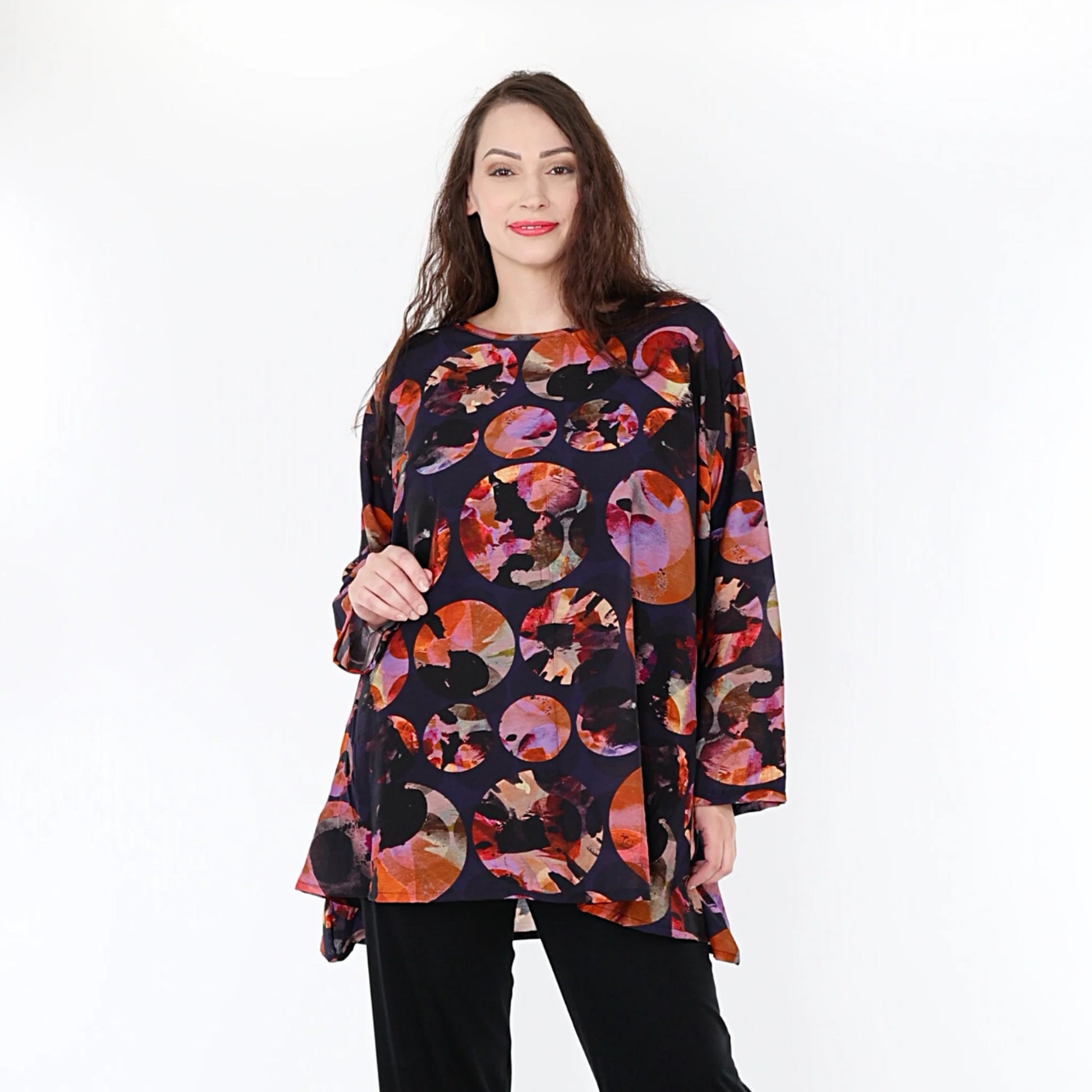  A-Form Bigshirt von AKH Fashion aus Viskose, 1335.00593, Lila-Mehrfarbig, Punkte, Ausgefallen