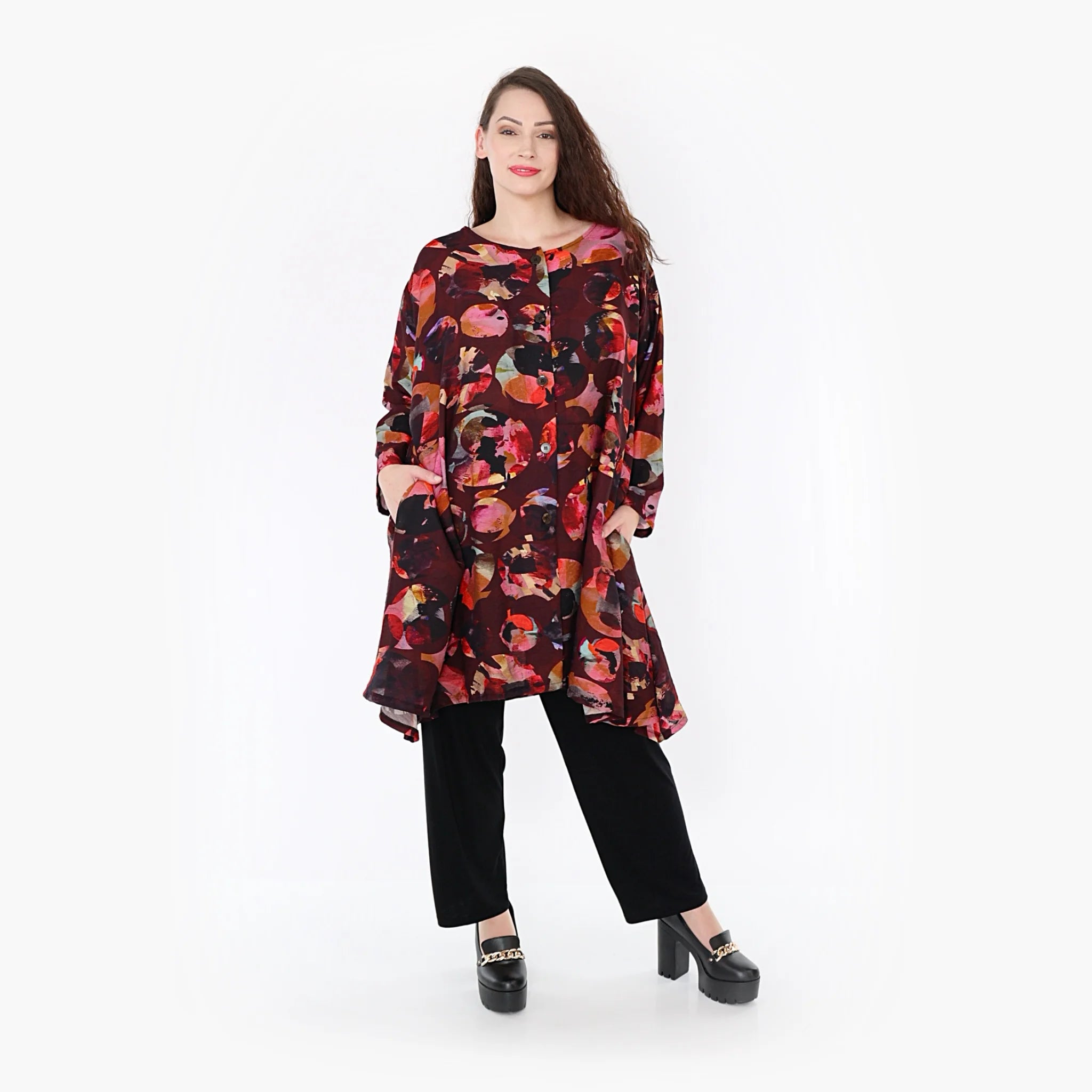  A-Form Jacke von AKH Fashion aus Viskose, 1335.02667, Weinrot-Mehrfarbig, Punkte, Schick