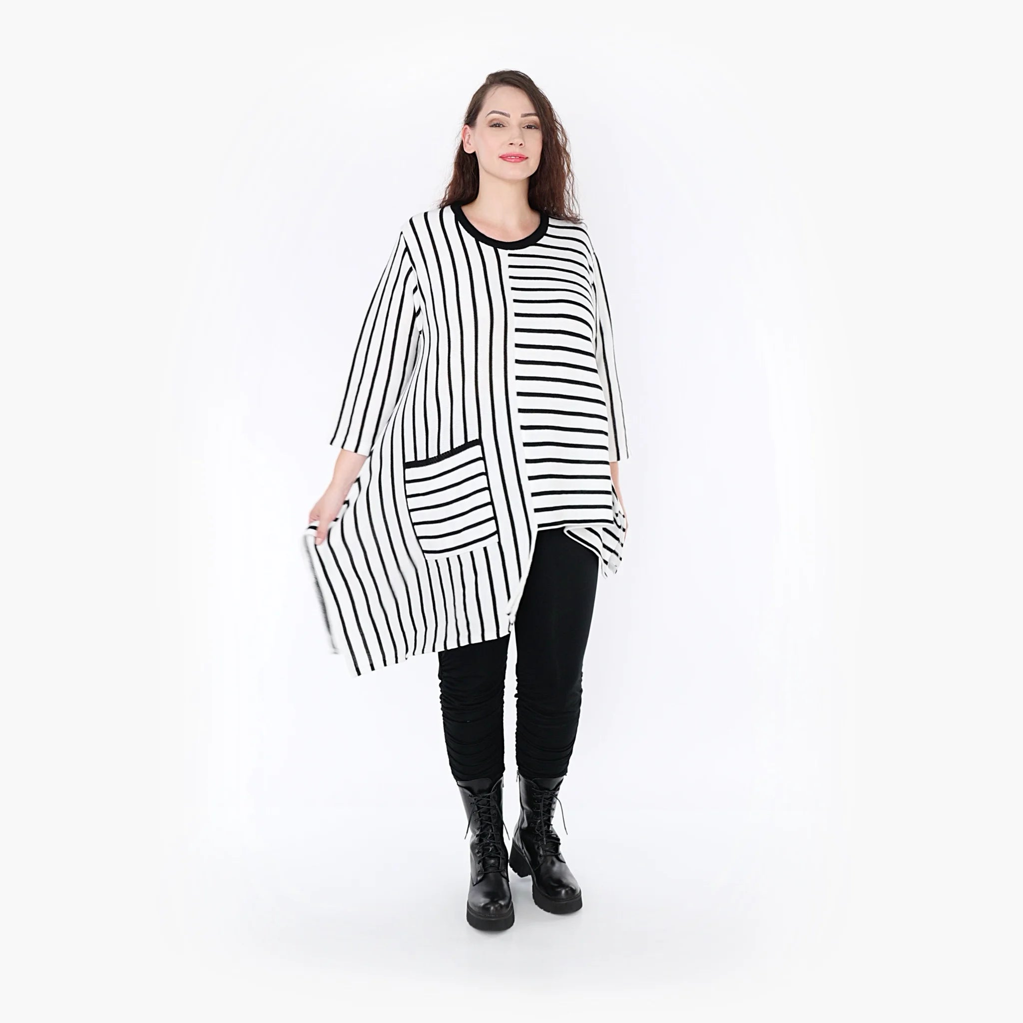  AKH Fashion Shirt in asymmetrischer Form, aus Baumwolle, 1343.02404, Schwarz-Weiß
