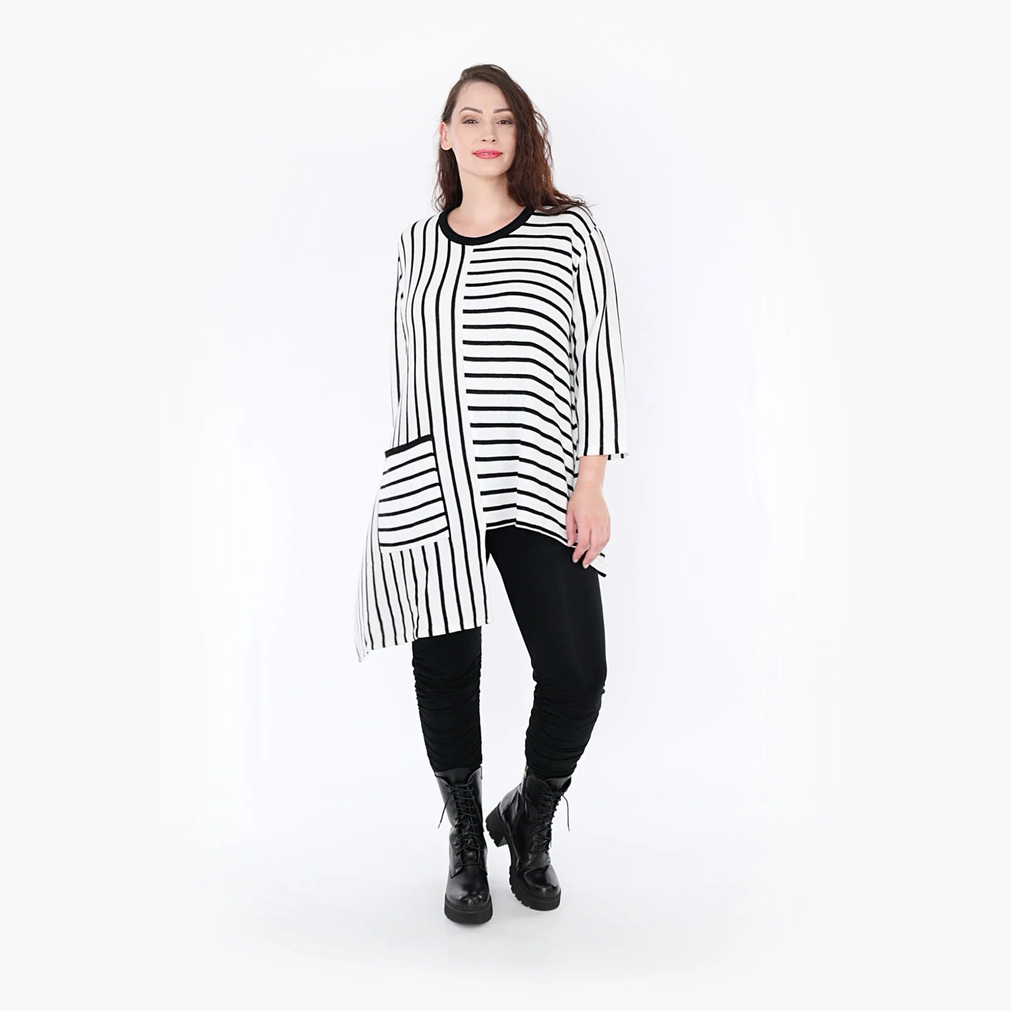  AKH Fashion Shirt in asymmetrischer Form, aus Baumwolle, 1343.02404, Schwarz-Weiß