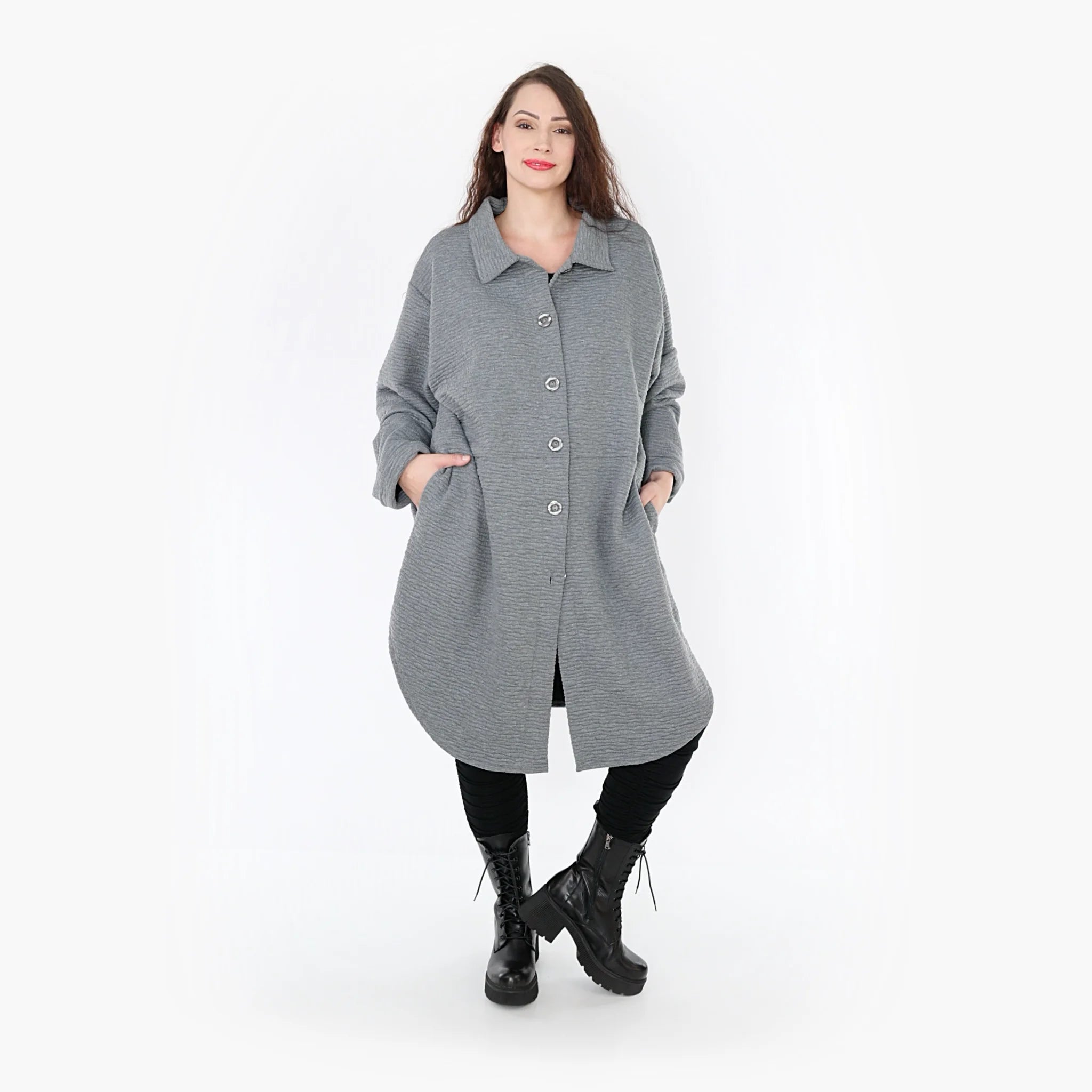  AKH Fashion Bluse in gerundeter Form, aus Materialmix, 1347.06881, Grau, Wellen, Schick
