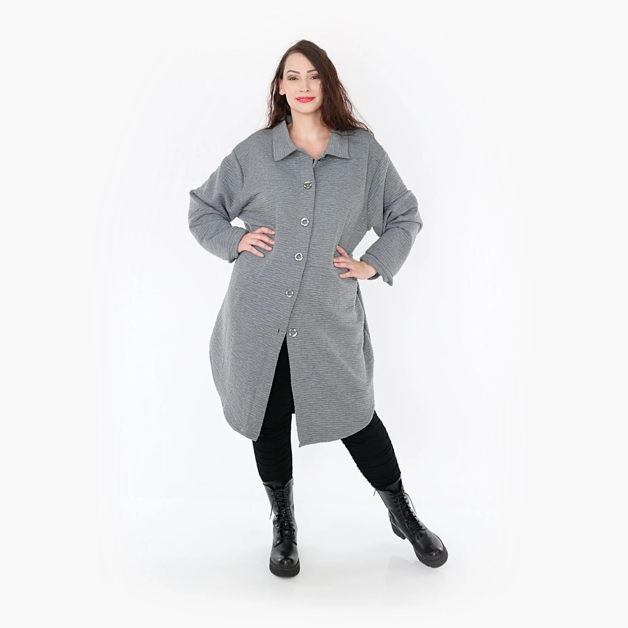  AKH Fashion Bluse in gerundeter Form, aus Materialmix, 1347.06881, Grau, Wellen, Schick
