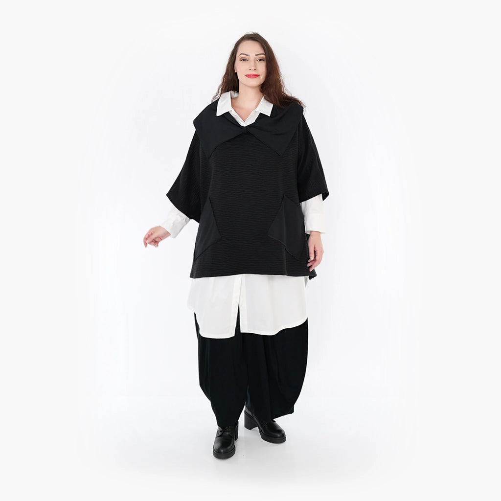  AKH Fashion Poncho in kastiger Form, aus Materialmix, 1347.06884, Schwarz, Wellen, Schick