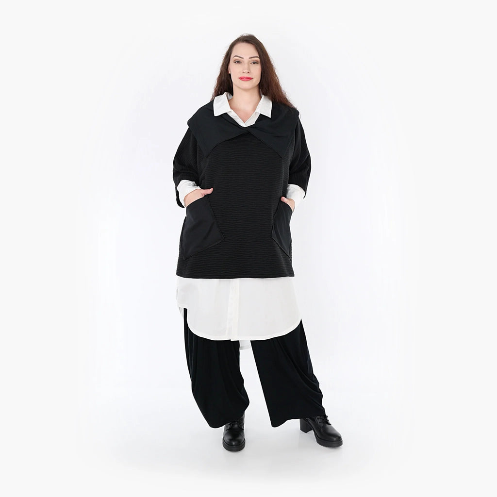  AKH Fashion Poncho in kastiger Form, aus Materialmix, 1347.06884, Schwarz, Wellen, Schick