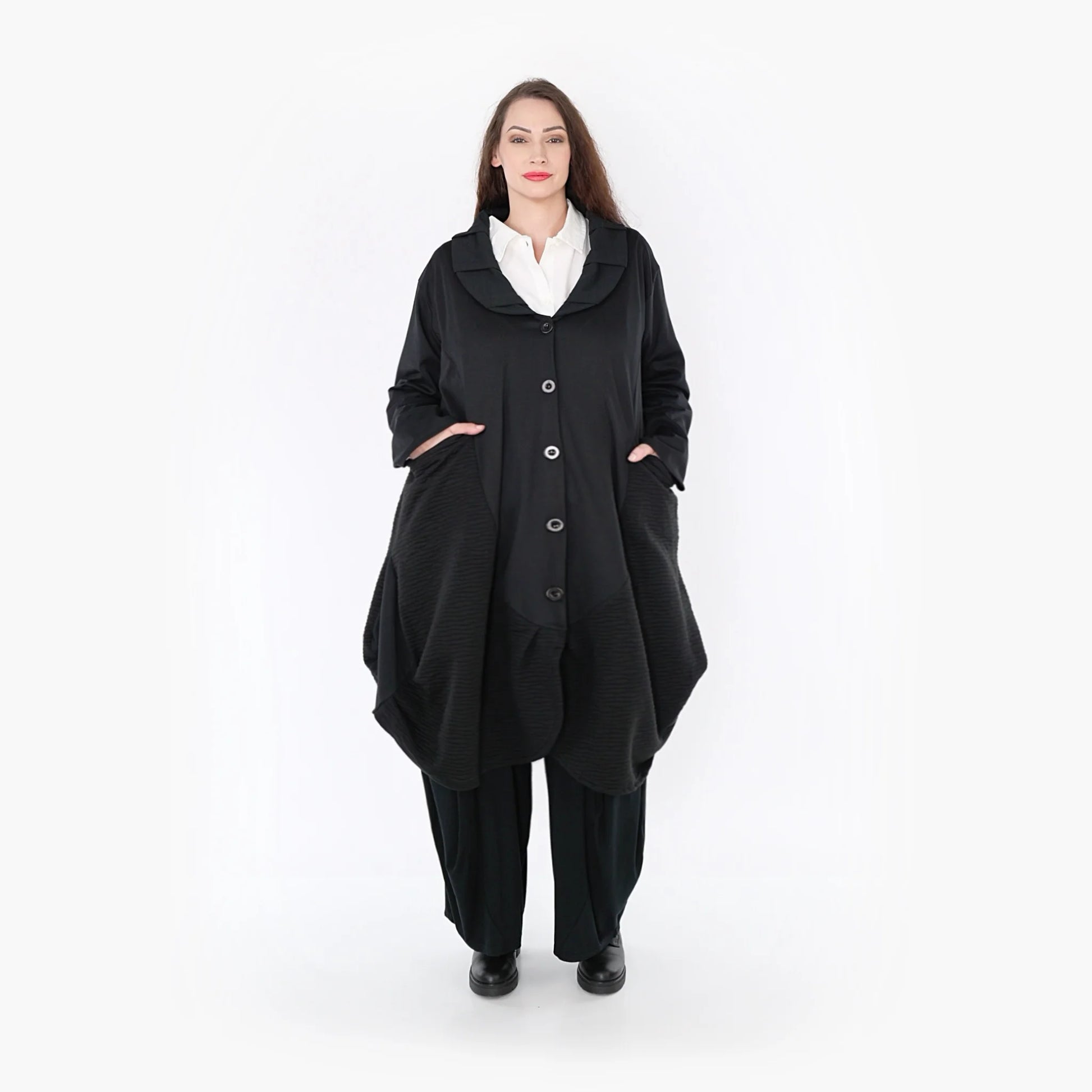  Ballonmantel im Wellenmuster für Plus Size und Oversize-Looks mit langen Ärmeln und Taschen