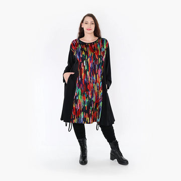  A-Form Kleid aus weichfließendem Romanit Jersey mit trendigem Pinselstrich-Muster in Schwarz-Multi