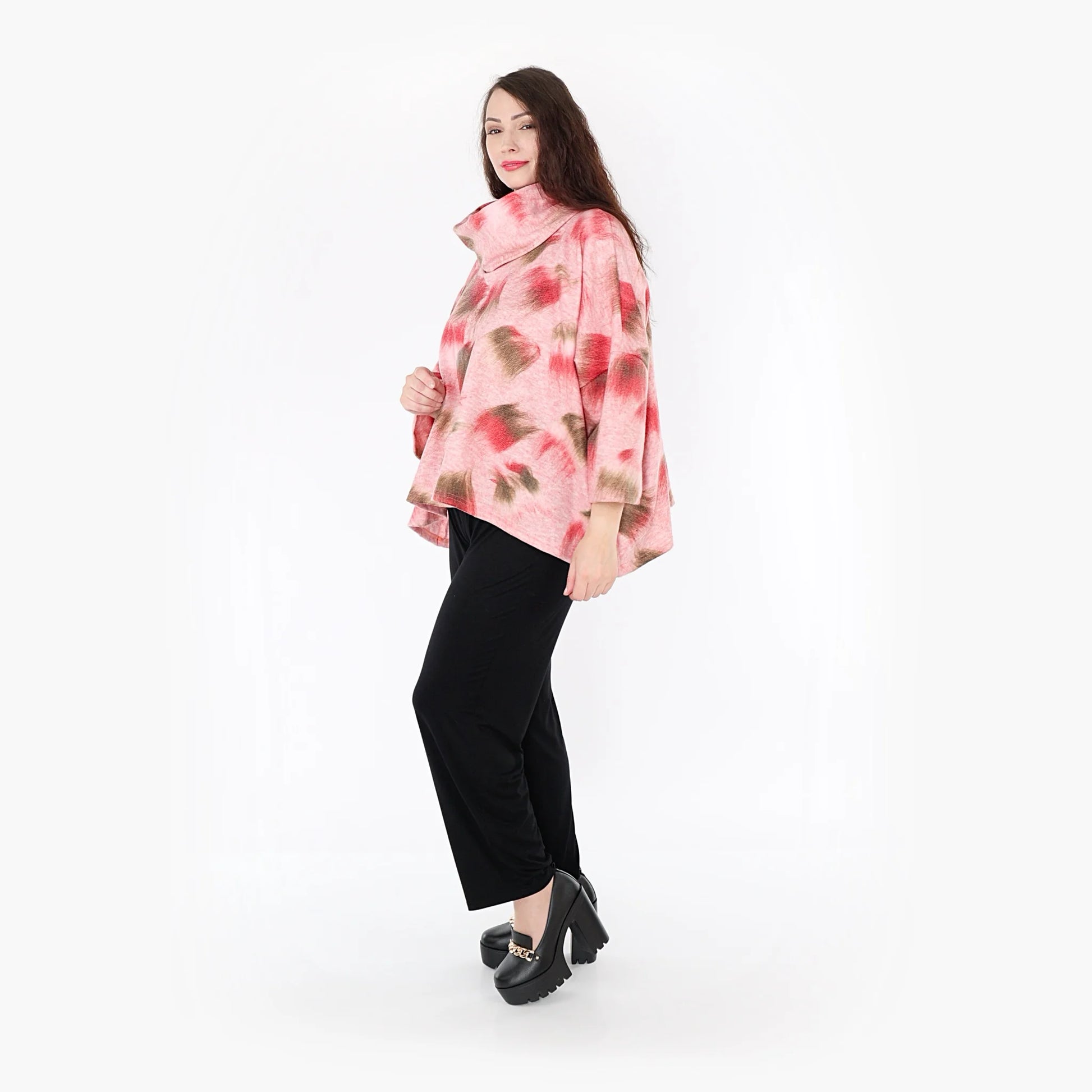  Kastiges Rollkragen-Shirt in Pink-Grün aus hochwertigem, gemütlichem Materialmix für Plus-Size-Fans