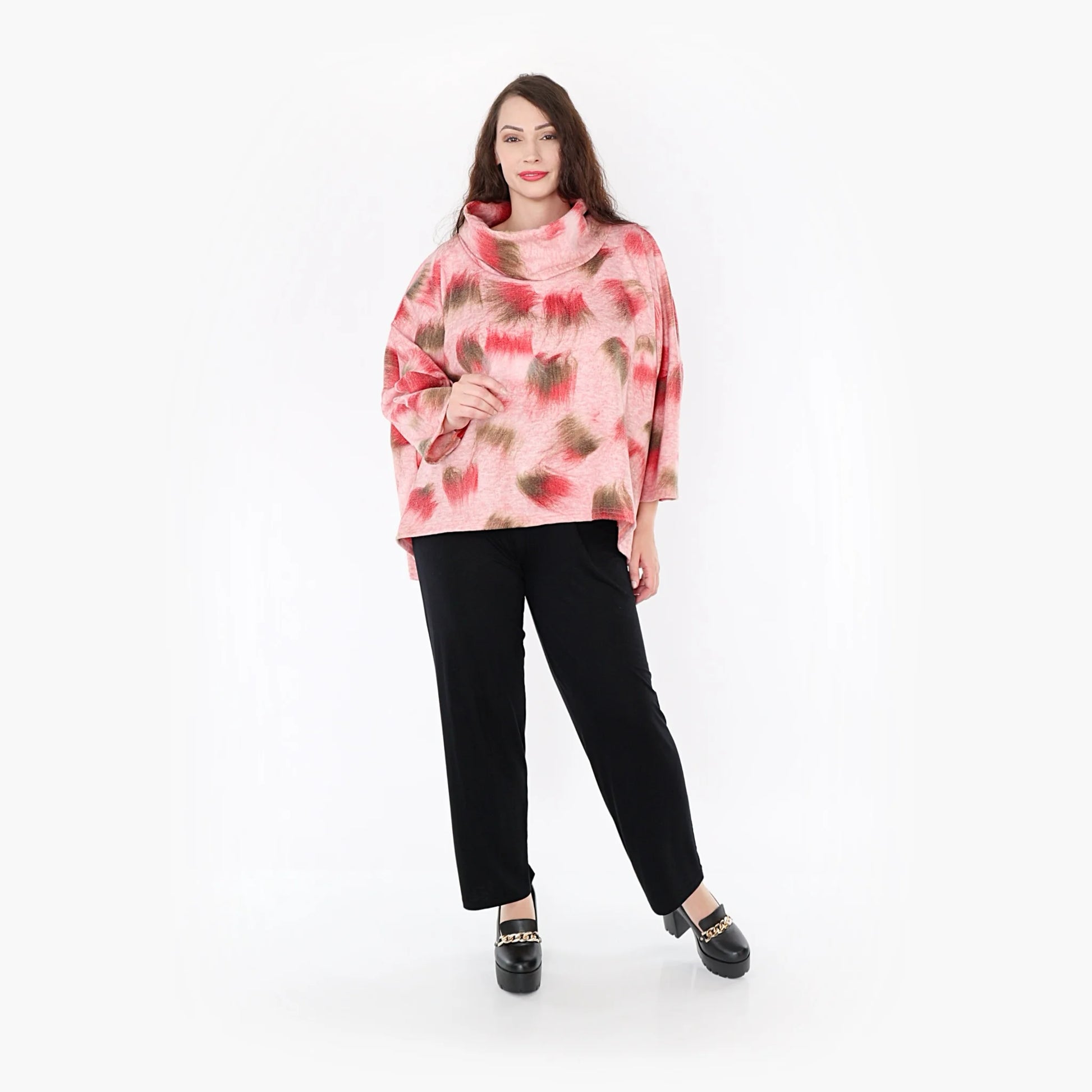  Kastiges Rollkragen-Shirt in Pink-Grün aus hochwertigem, gemütlichem Materialmix für Plus-Size-Fans