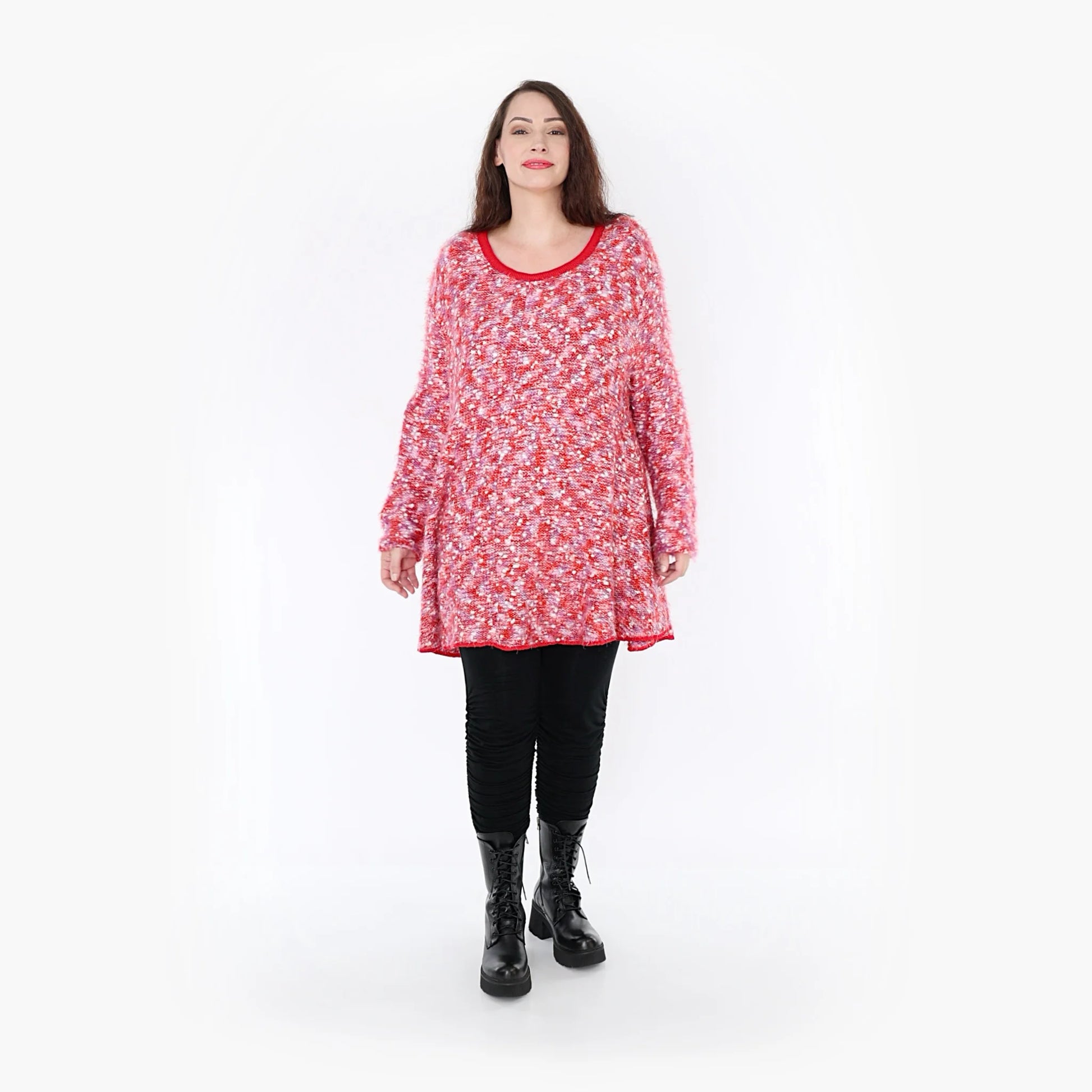  Kuscheliges Strickshirt mit Glockenschnitt in meliertem Rot-Pink-Weiß für Plus-Size-Fashionistas