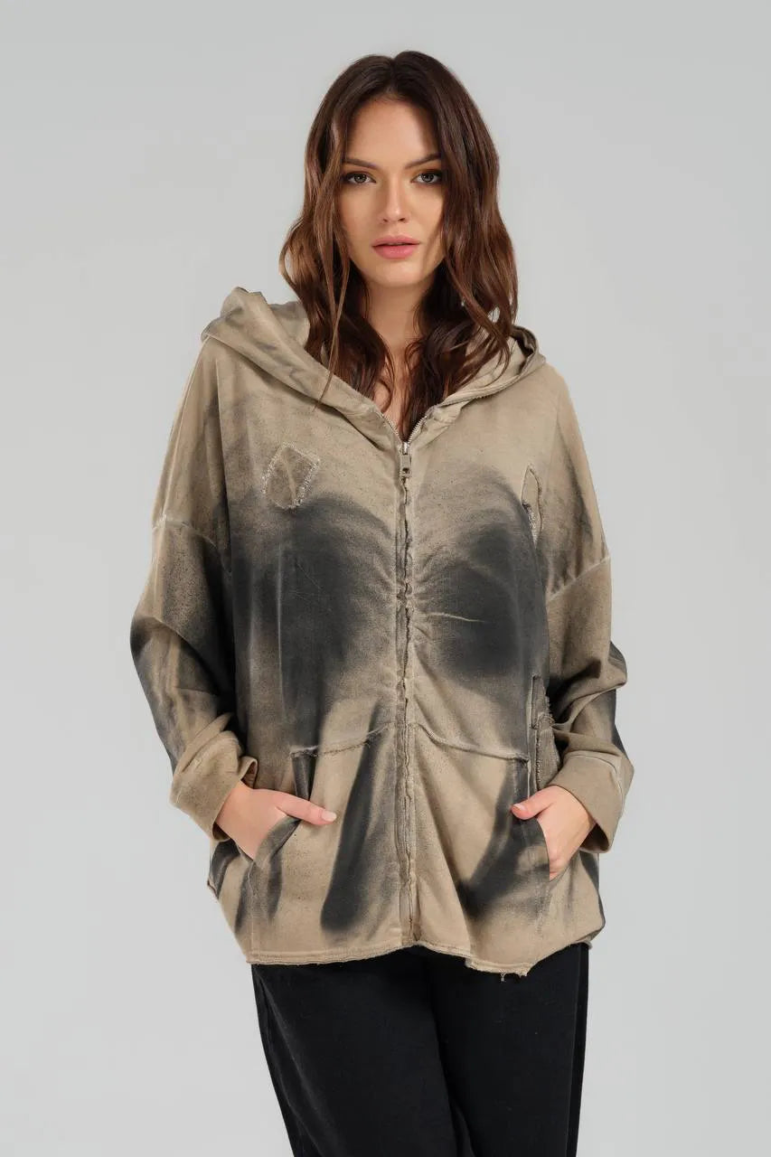  TW3 Pullover in kastiger Form, aus Baumwolle, 1047, Beige, Ausgefallen, mit Kapuze