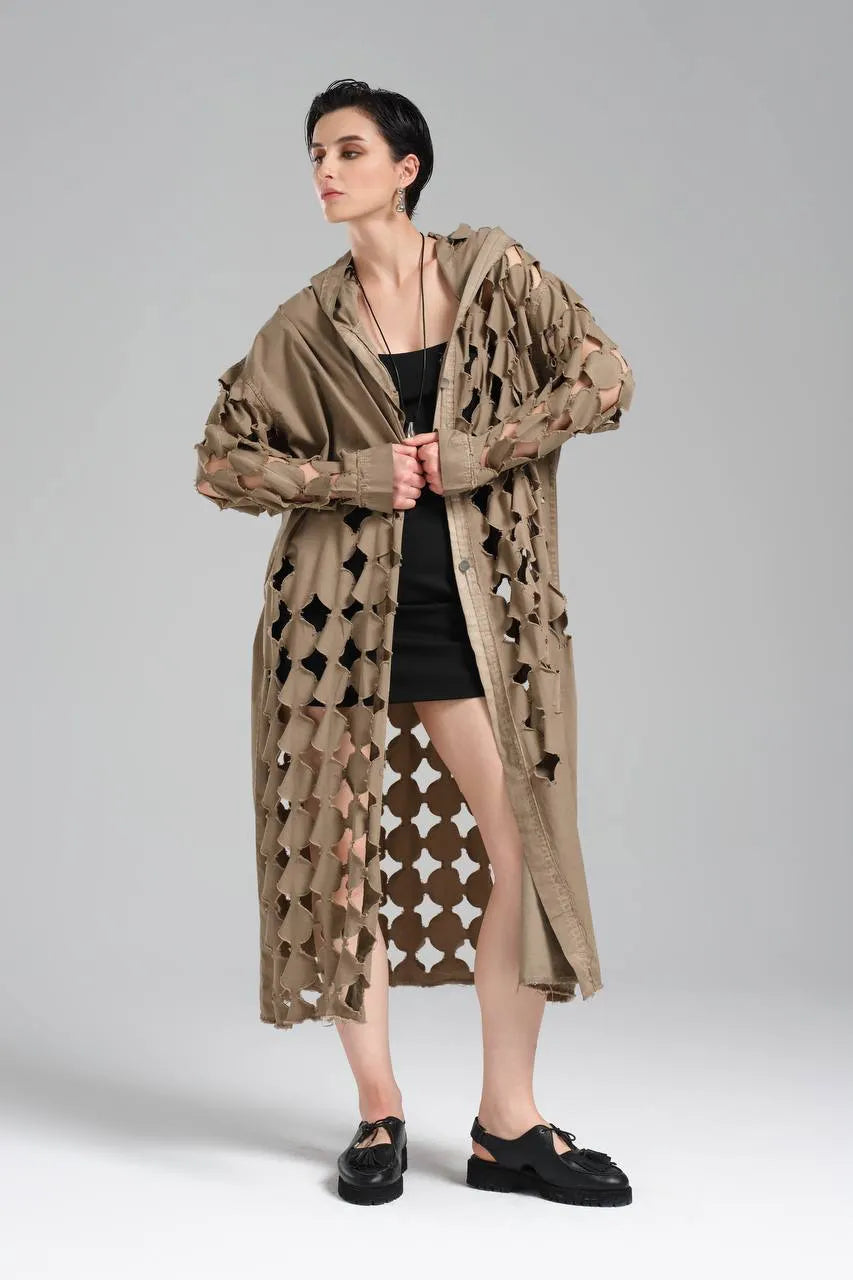  TW3 Mantel in gerader Form, aus Baumwolle, 1540, Beige, Punkte, Ausgefallen, Zeitlos