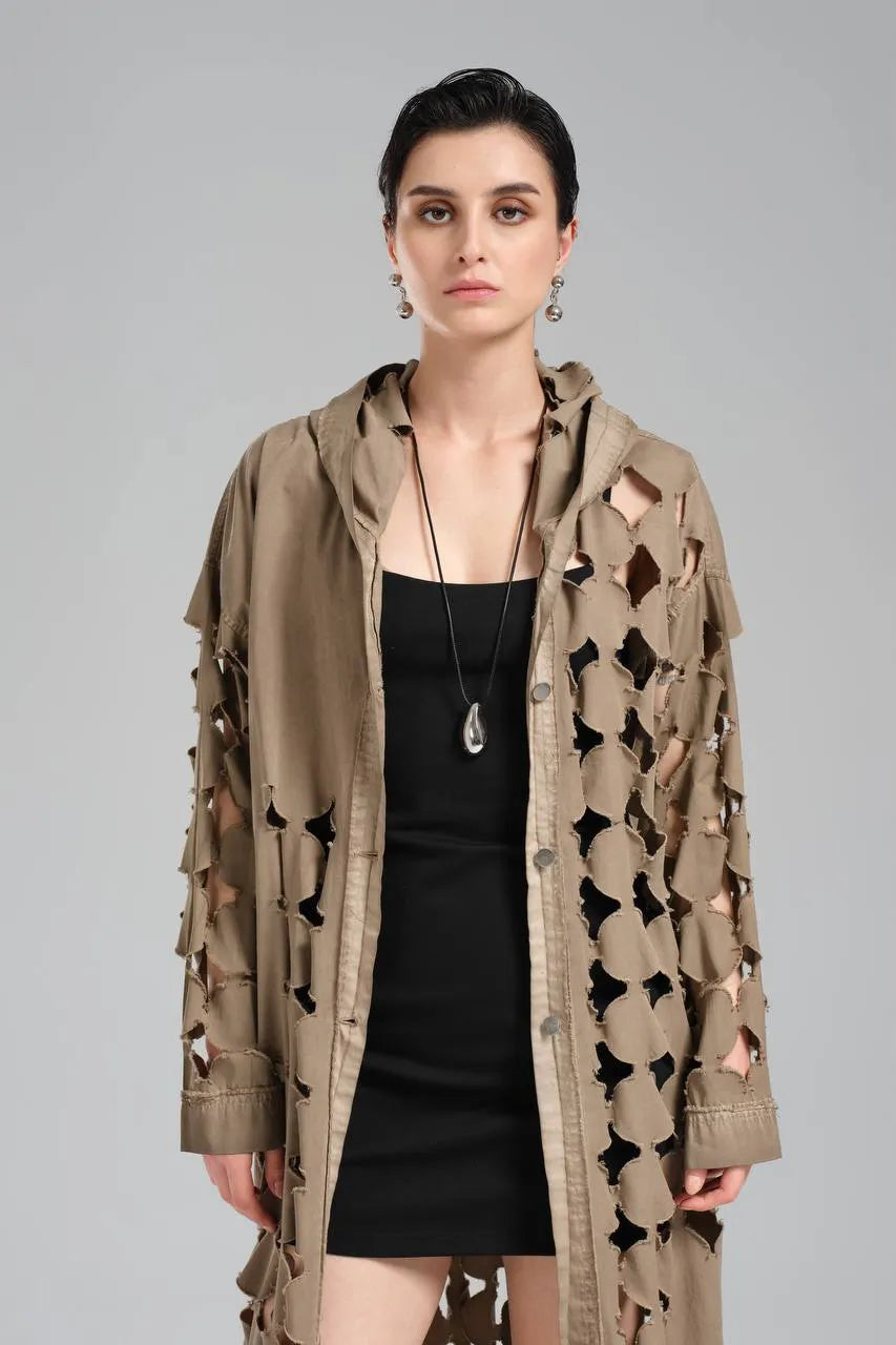  TW3 Mantel in gerader Form, aus Baumwolle, 1540, Beige, Punkte, Ausgefallen, Zeitlos